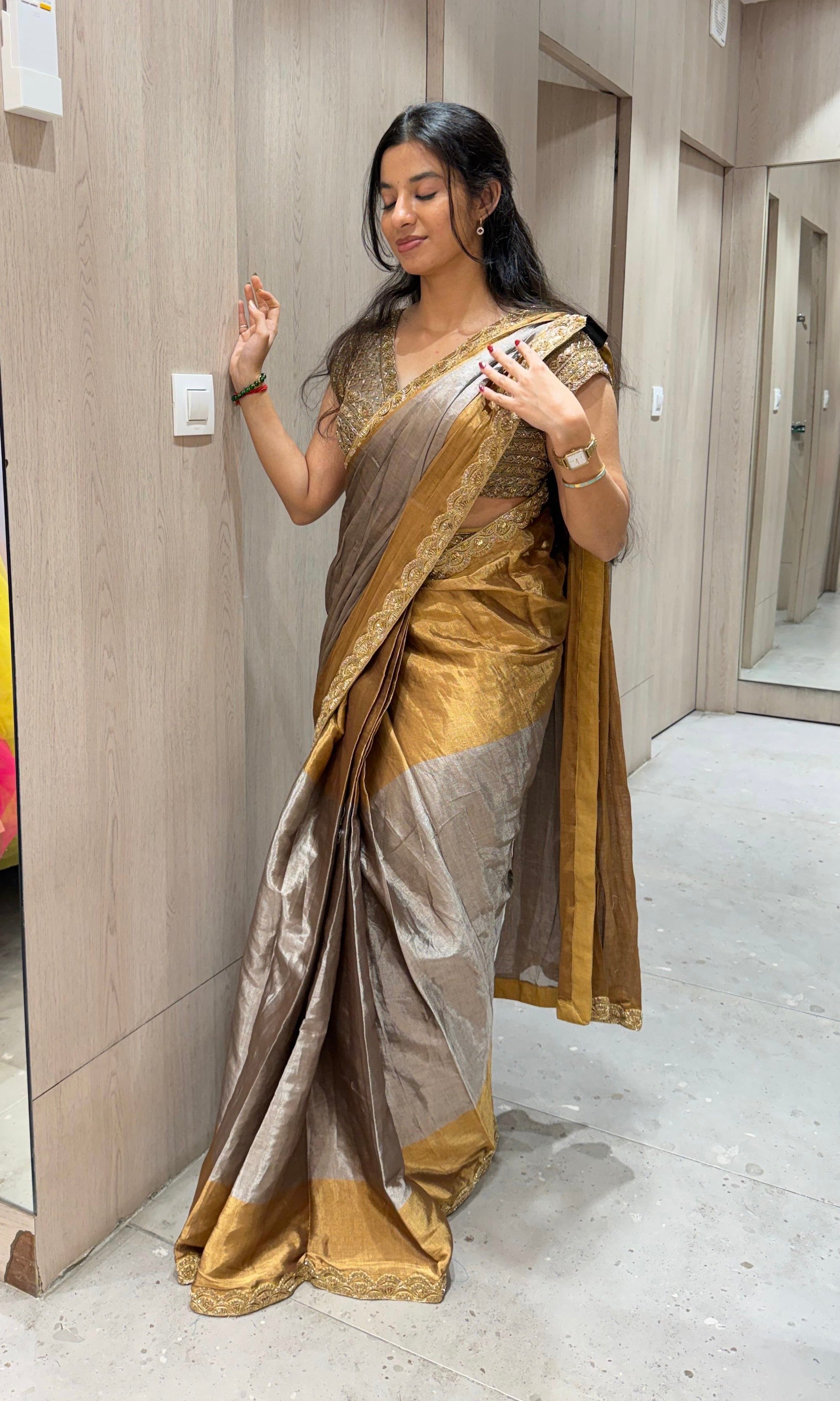 Grey AND GOLD saree WITH EMBROIDERED BLOUSE