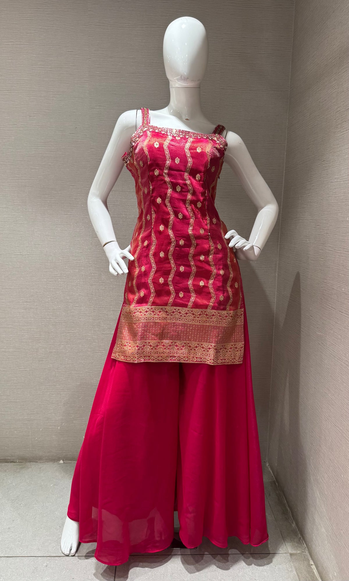 Rani Golden Georgette Flared Sharara set with Dupatta