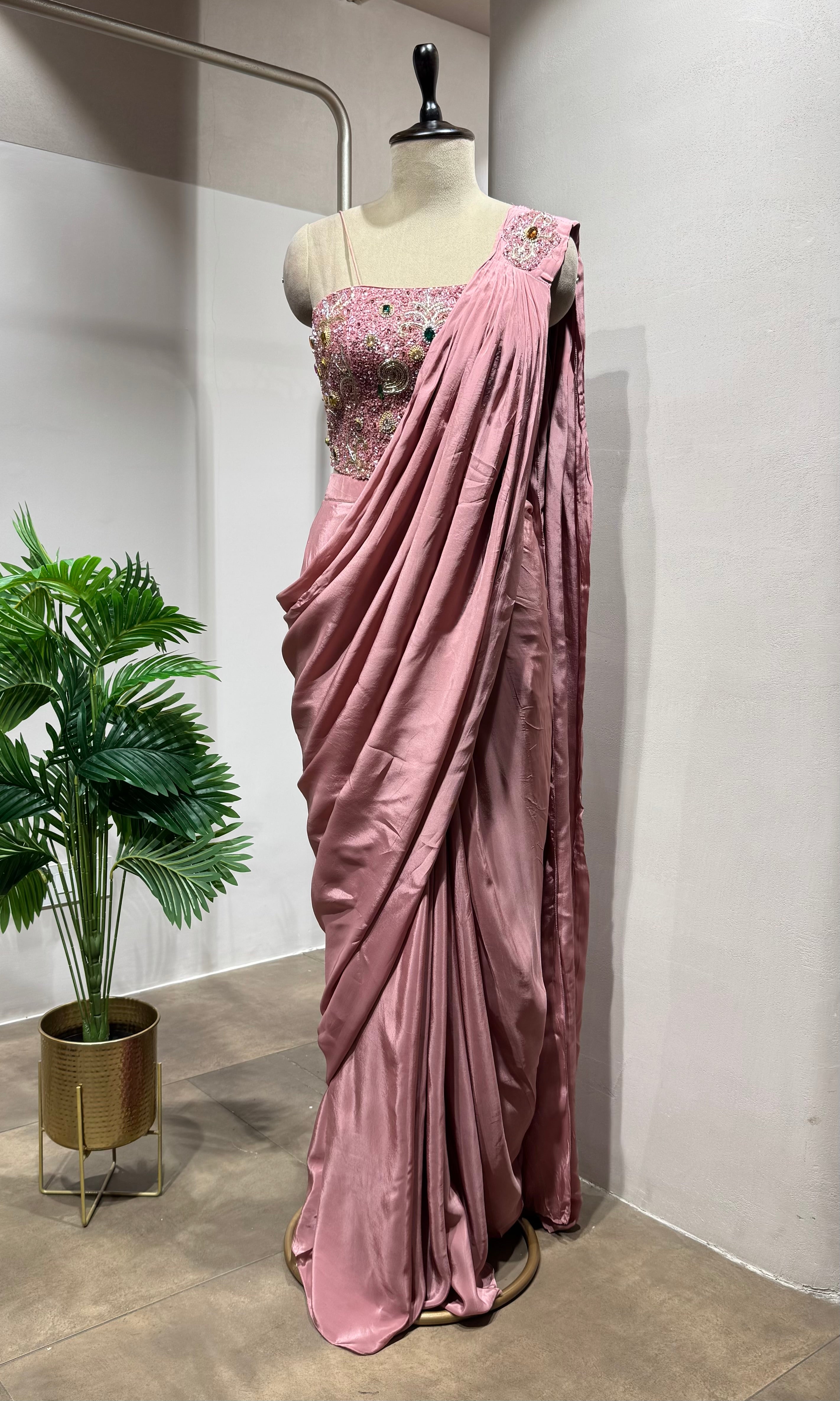 Onion Pink Georgette Drape Saree