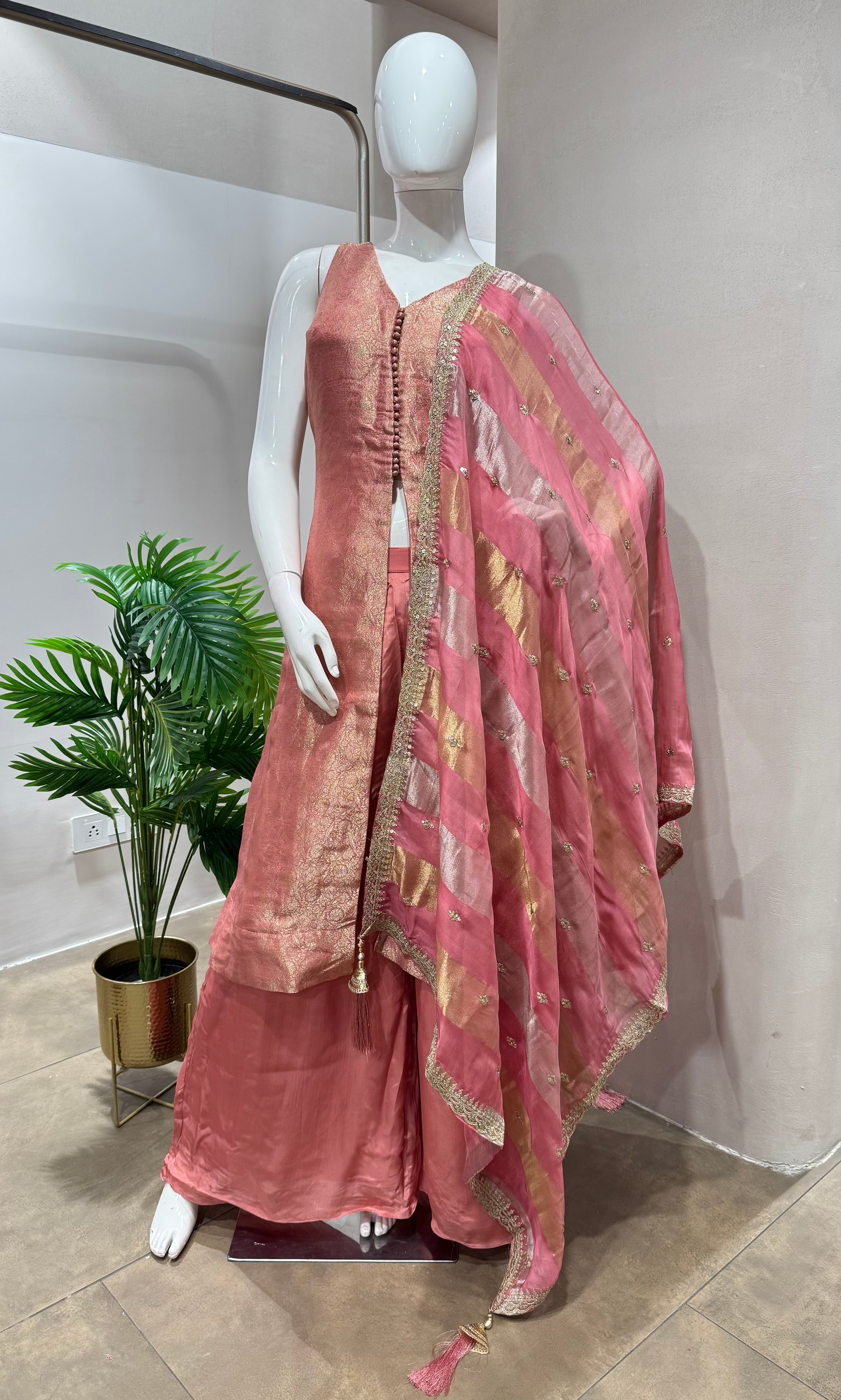 Peach and gold anarkali with palazzo pants