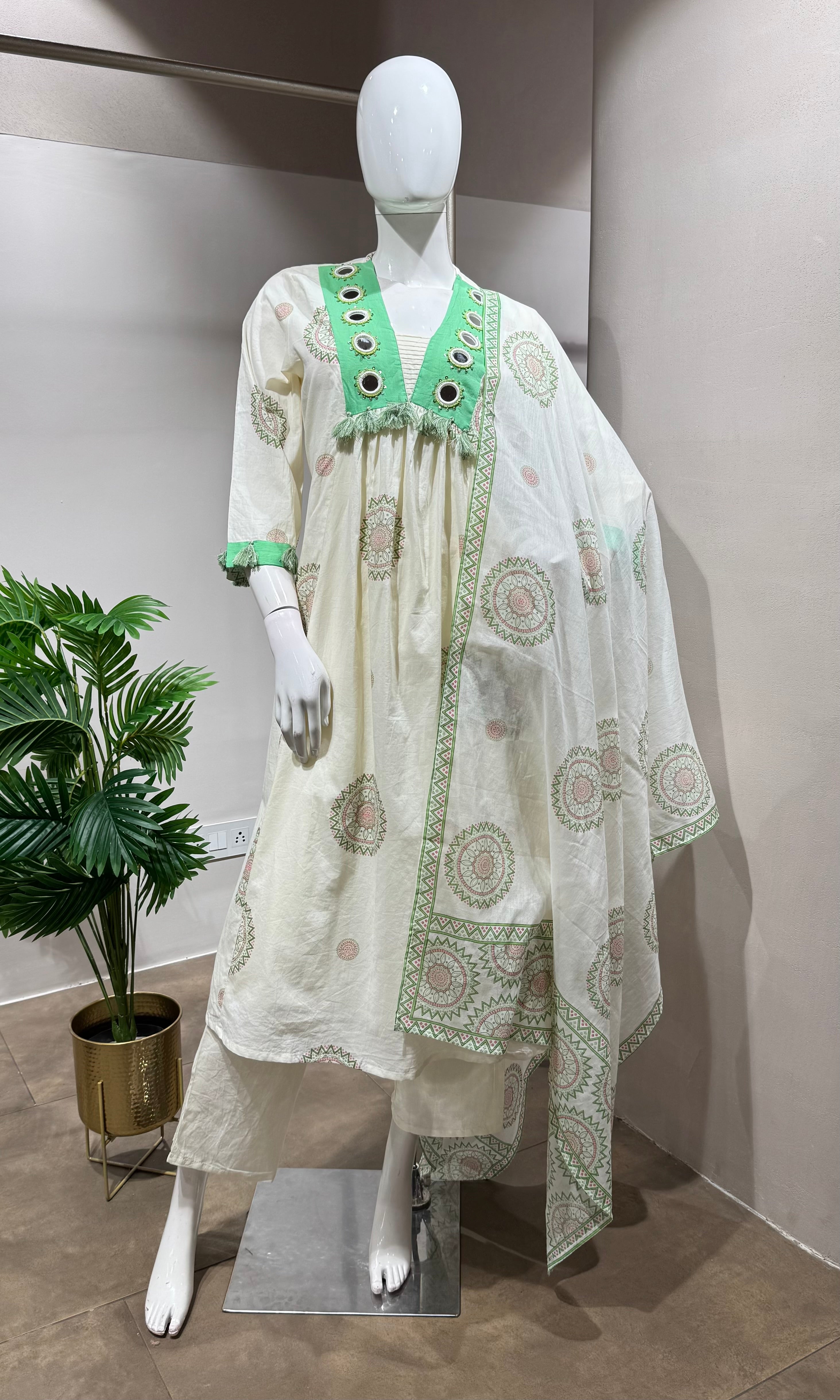 GREEN Floral Block Print Cotton Kurta Set