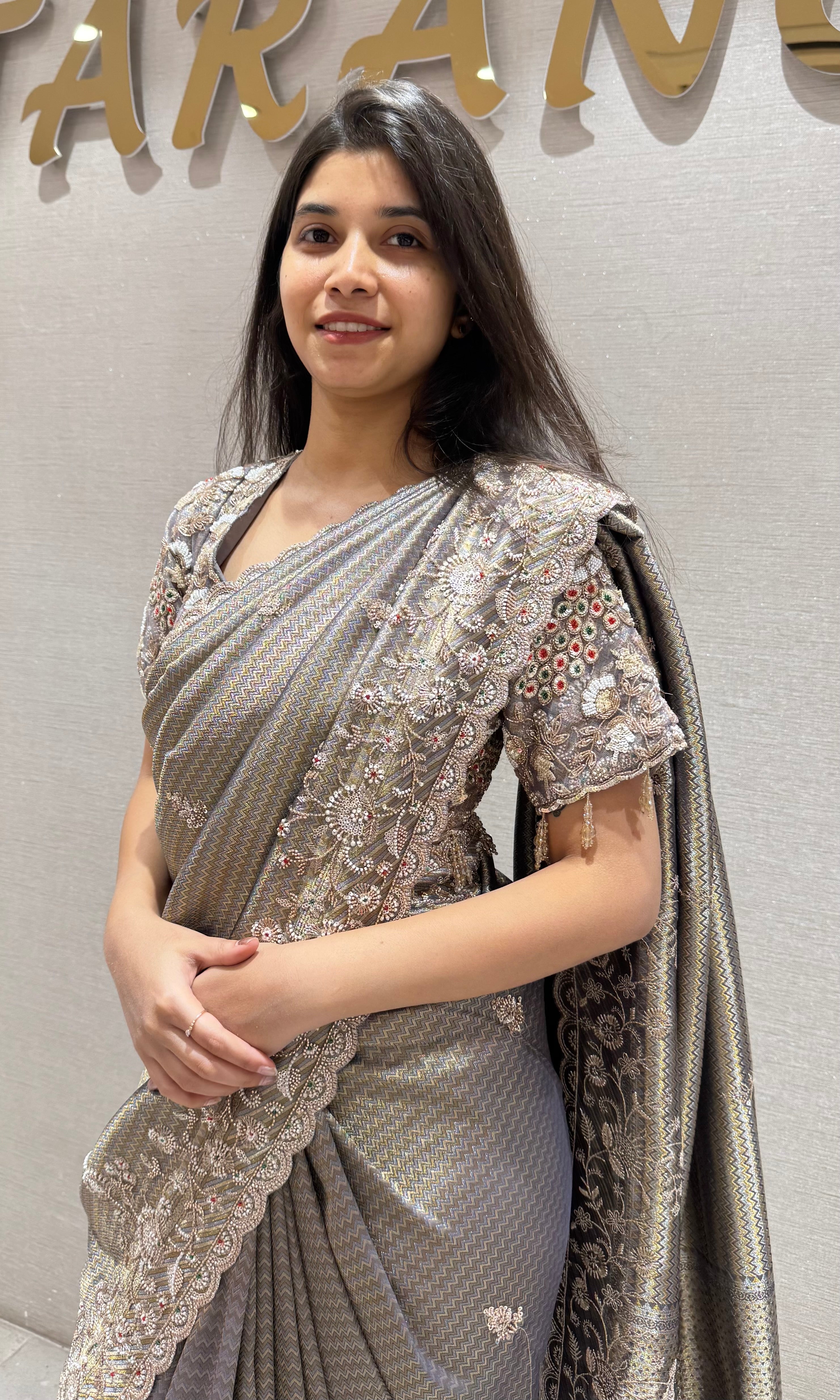 Grey FLORAL saree WITH READY BLOUSE