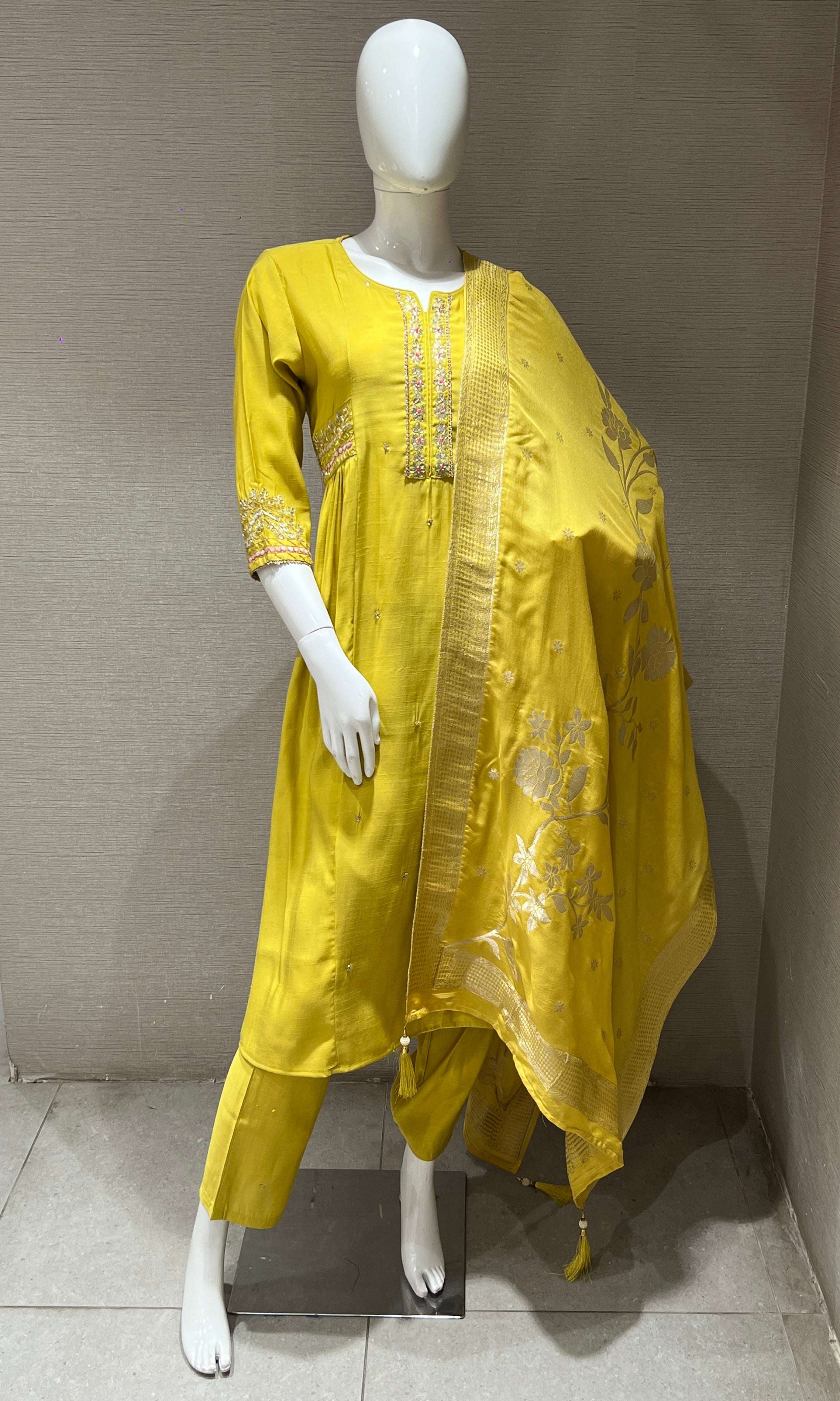 Mehandi green gold embroidered kurta set