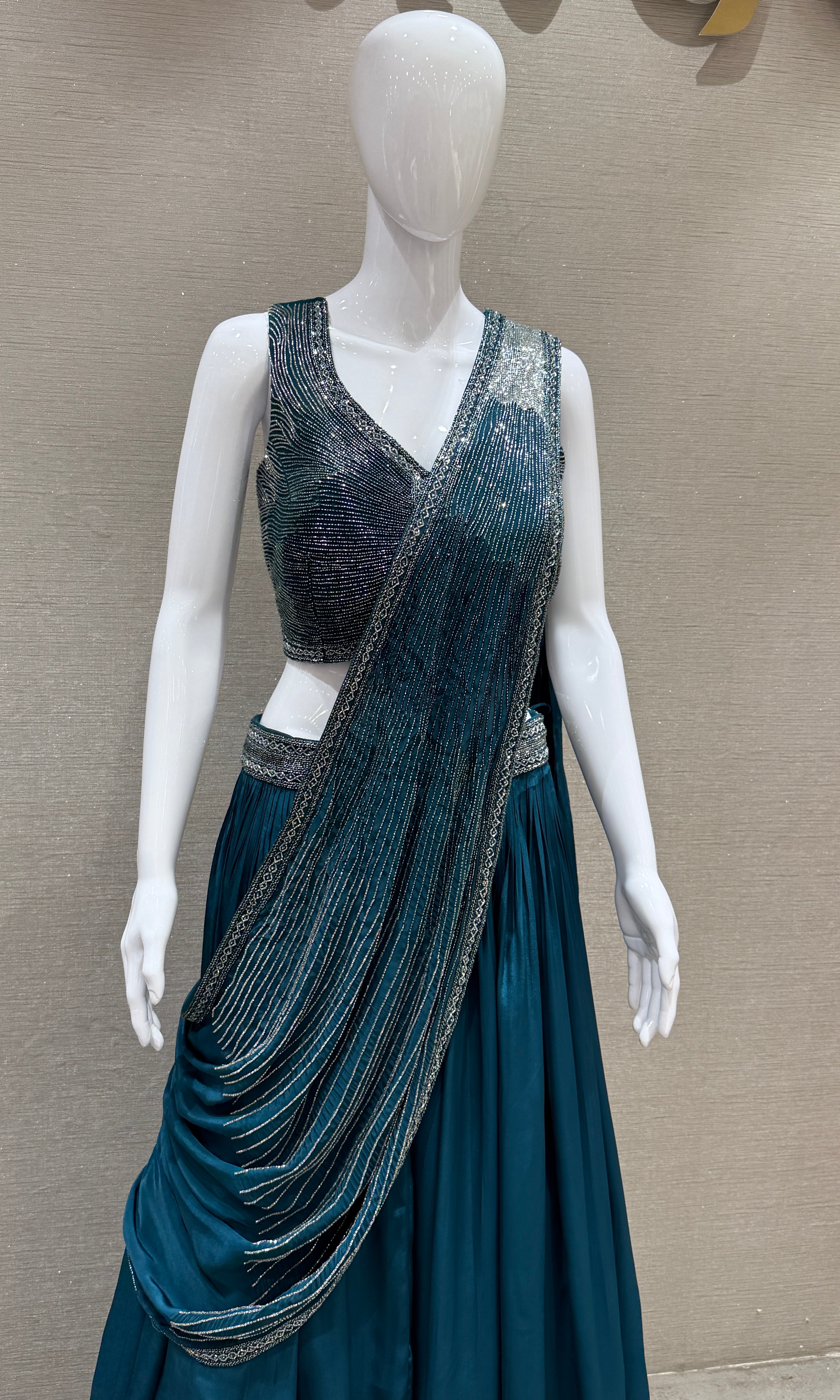 Peacock green Lehenga with attached drape dupatta