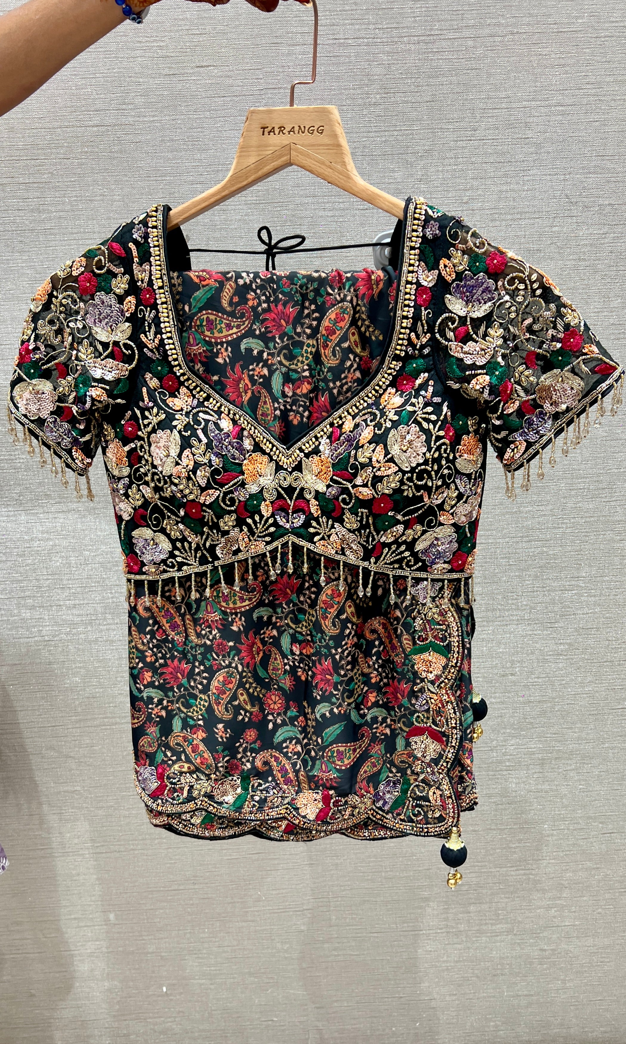 Black floral embroidered saree with a ready blouse