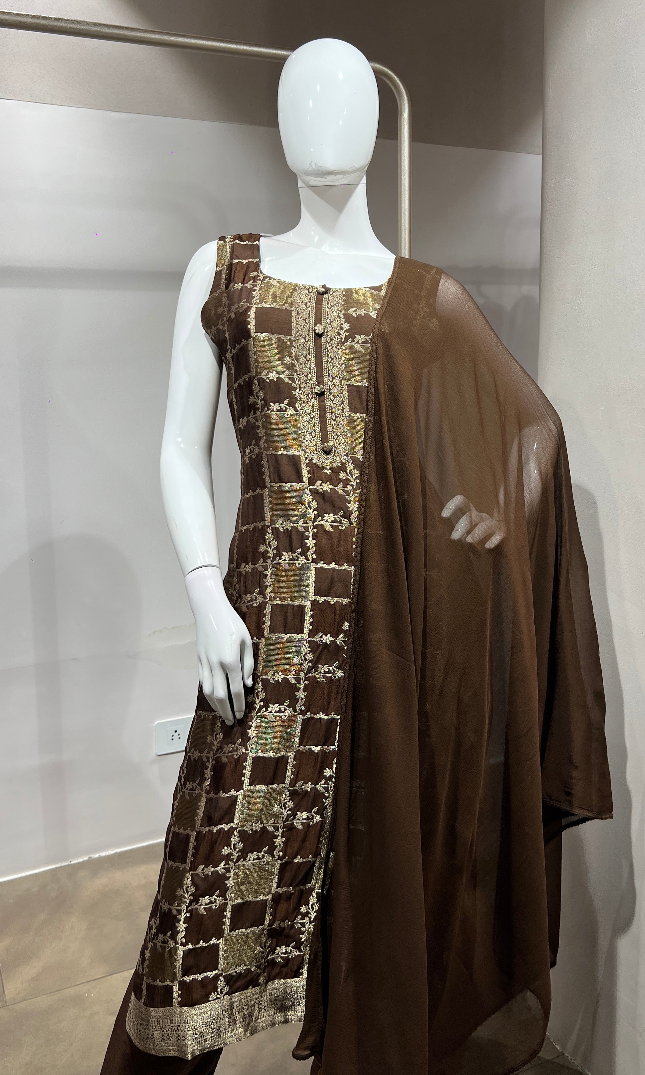 brown Silk Embroidered Zari Kurta Set