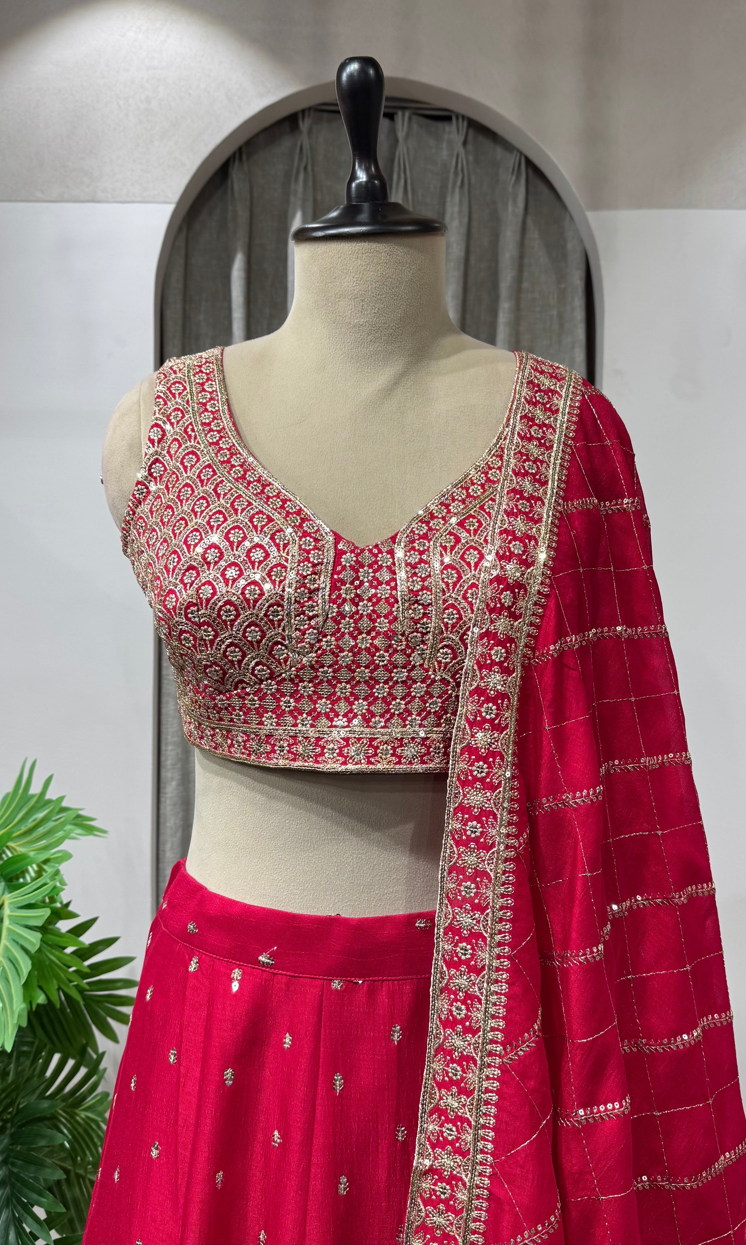 Rani Pink Zardozi & Sequins Crop Top Lehenga