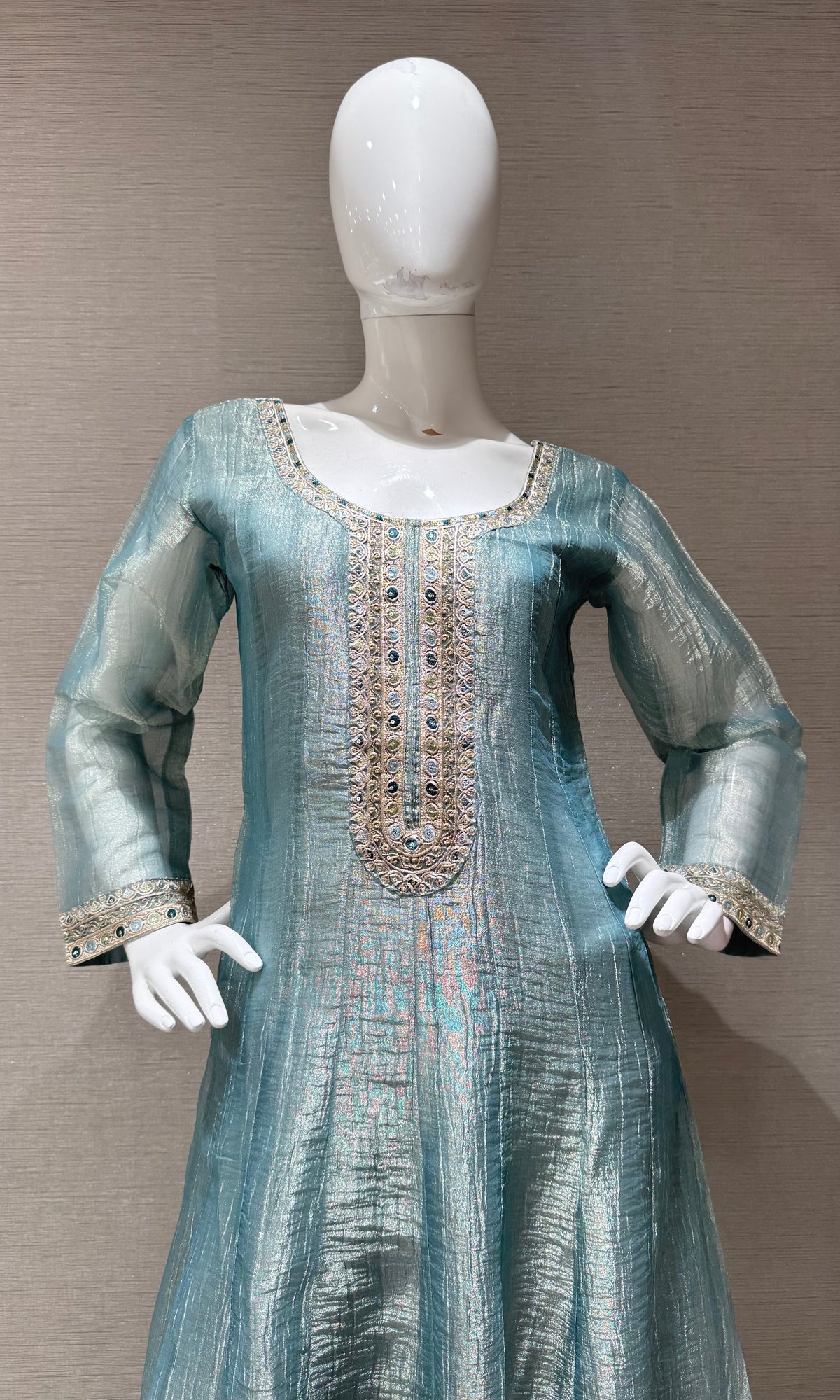 blue embroidered Tissue anarkali Set with floral dupatta