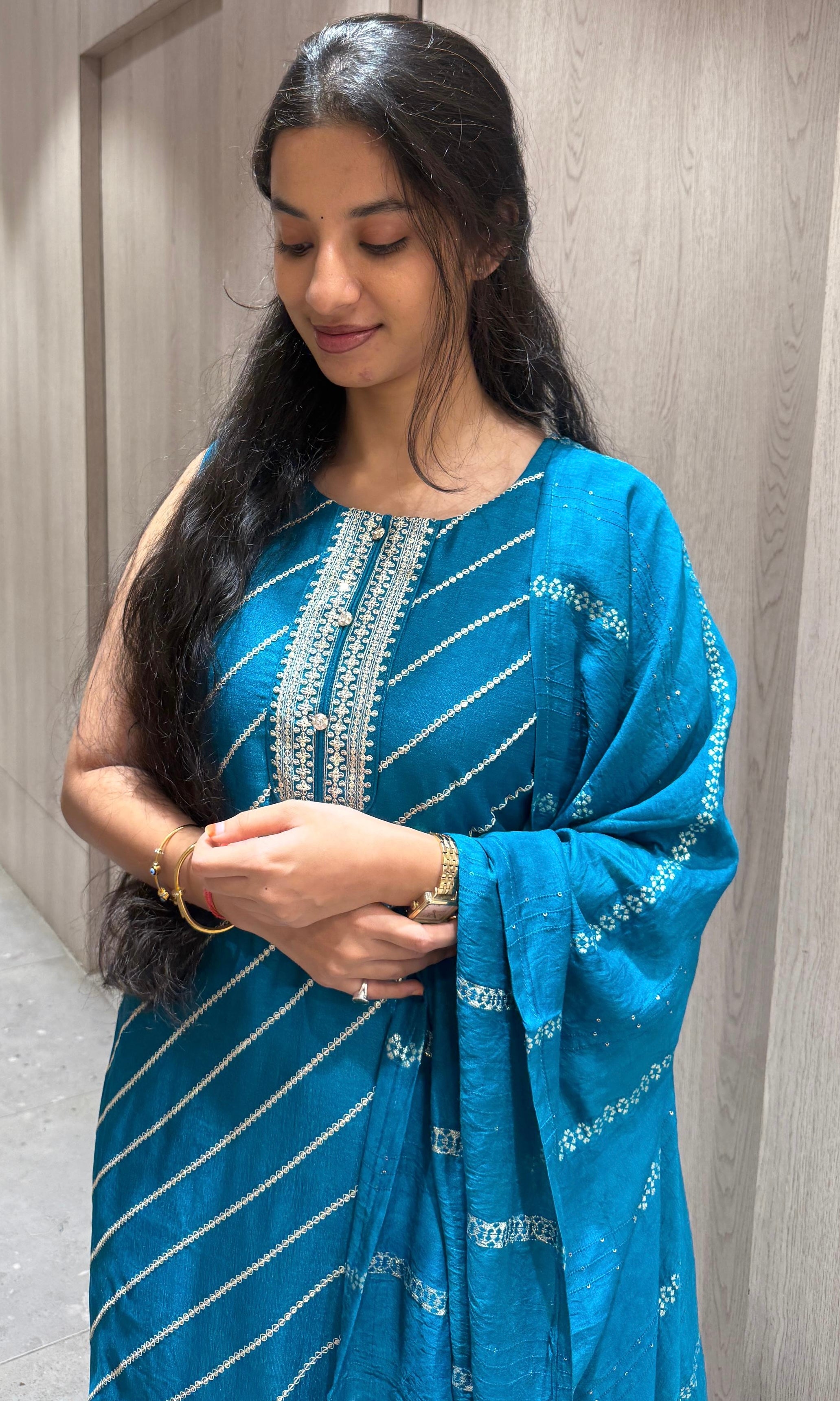 Rama blue Leheriya Kurta Set