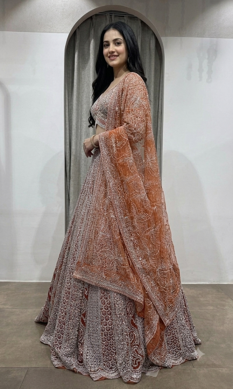Rust and grey heavy bridal lehenga