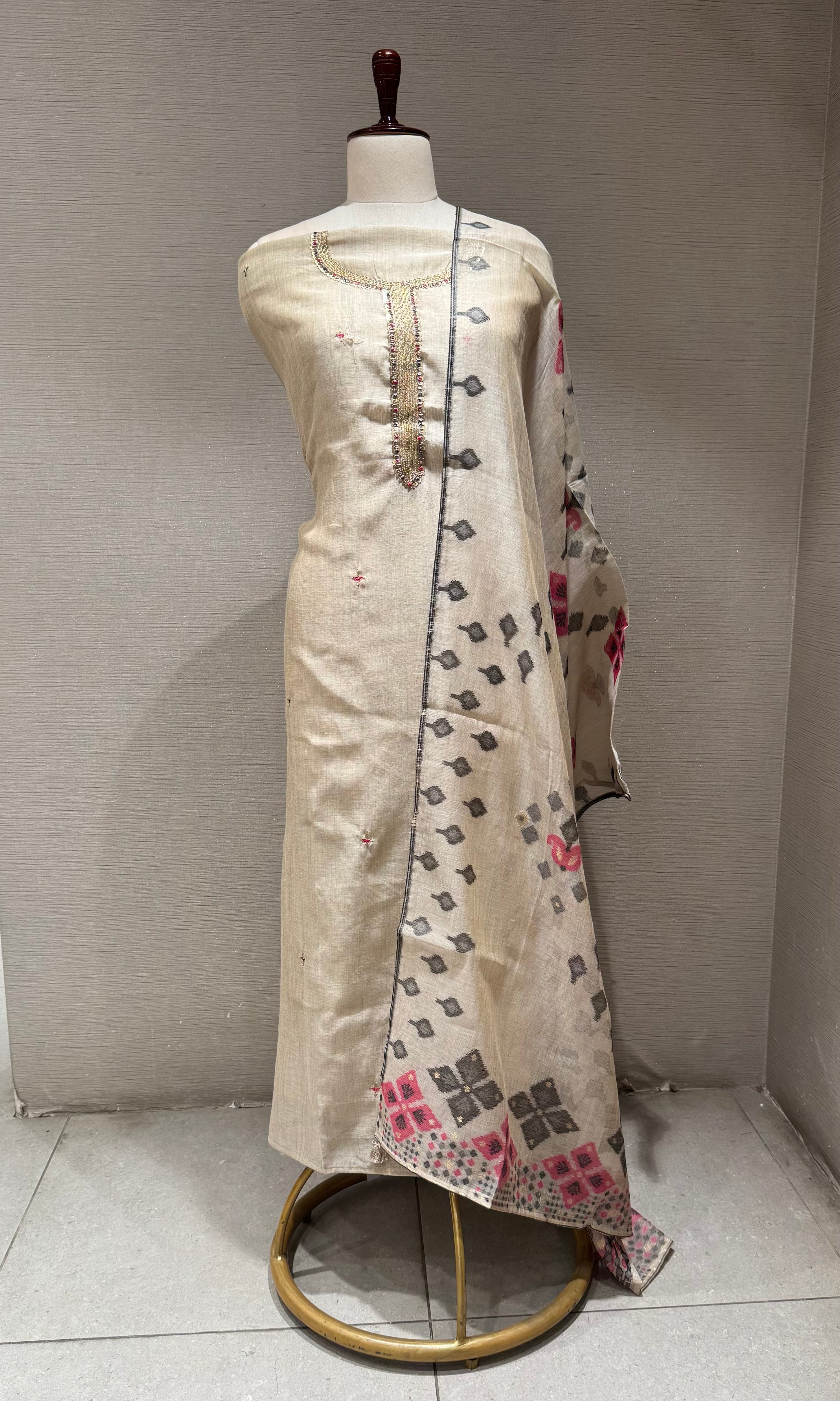 Beige & Pastel Pink Print Dress Material