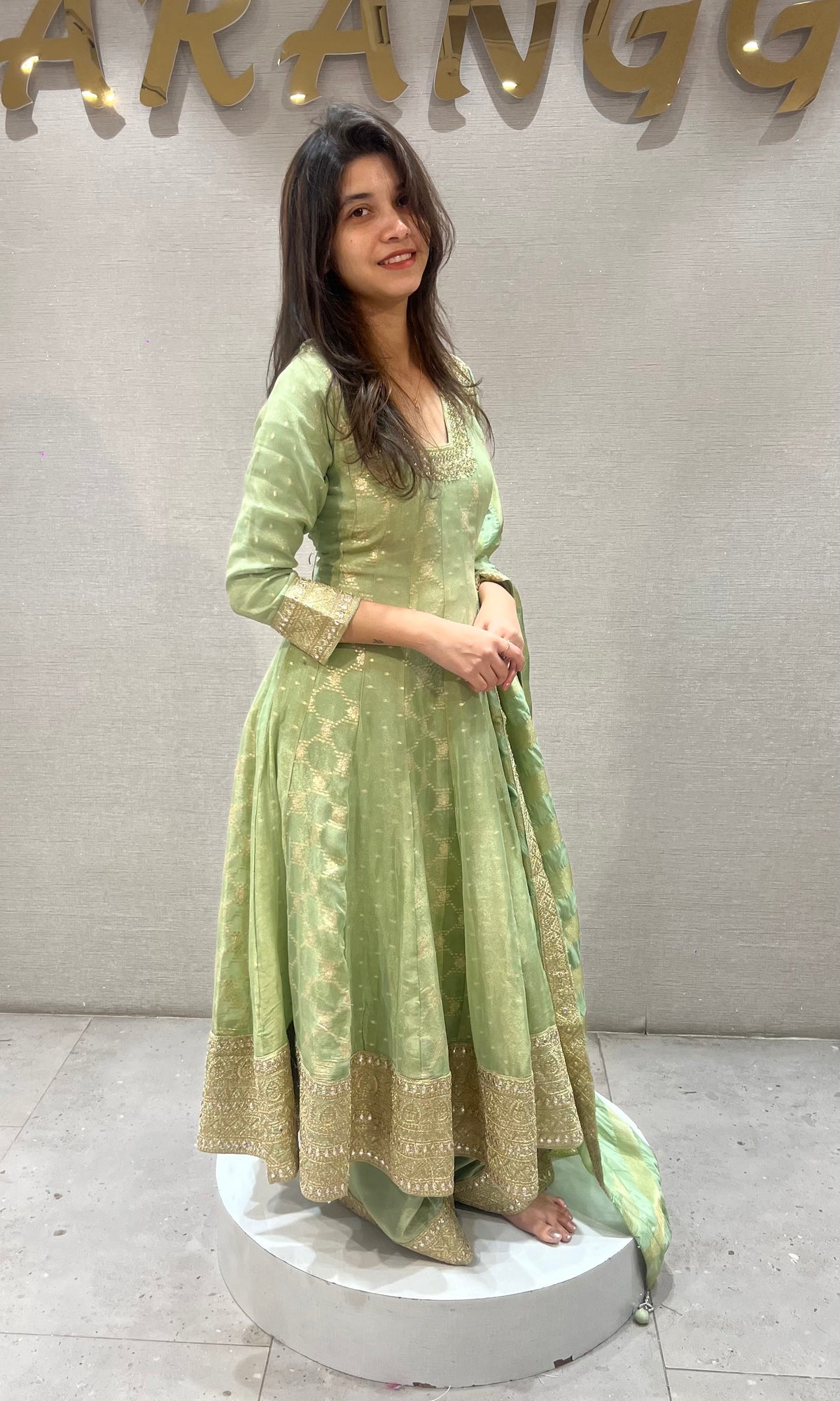 Pista Green silk Anarkali Set Golden Embroidery with Dupatta