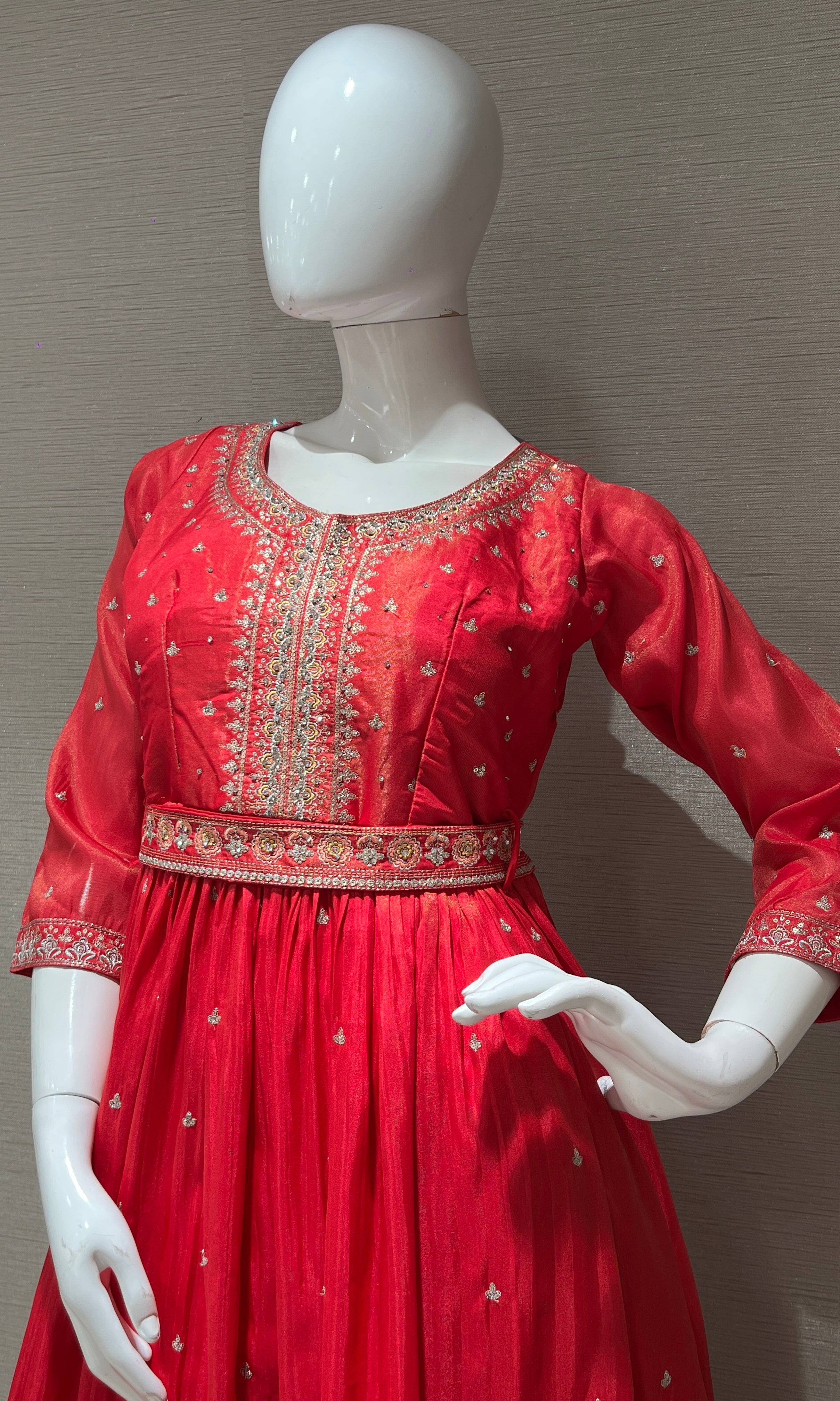 pink long anarkali with stones embroidered