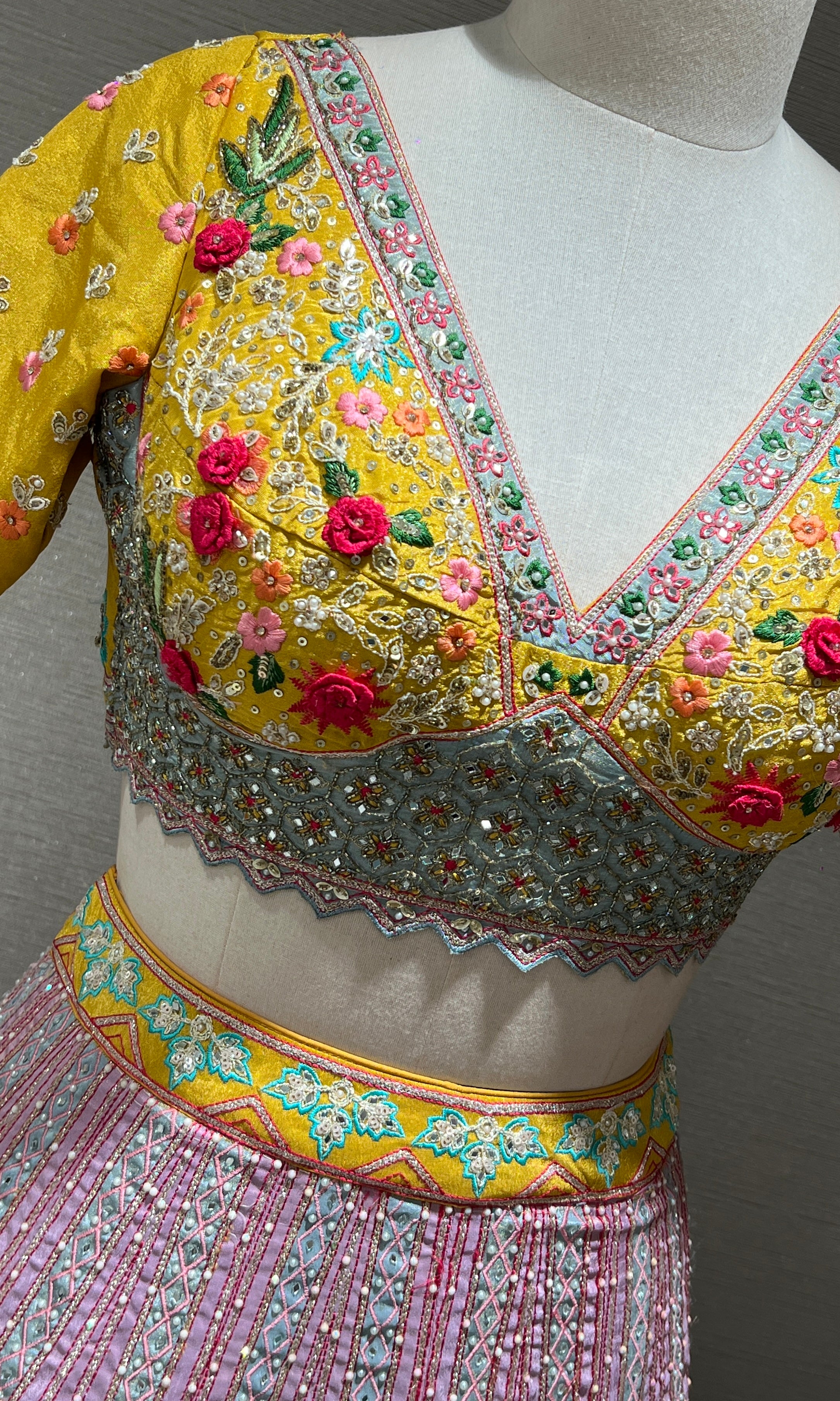 Lilac and Yellow Floral Embroidered Lehenga