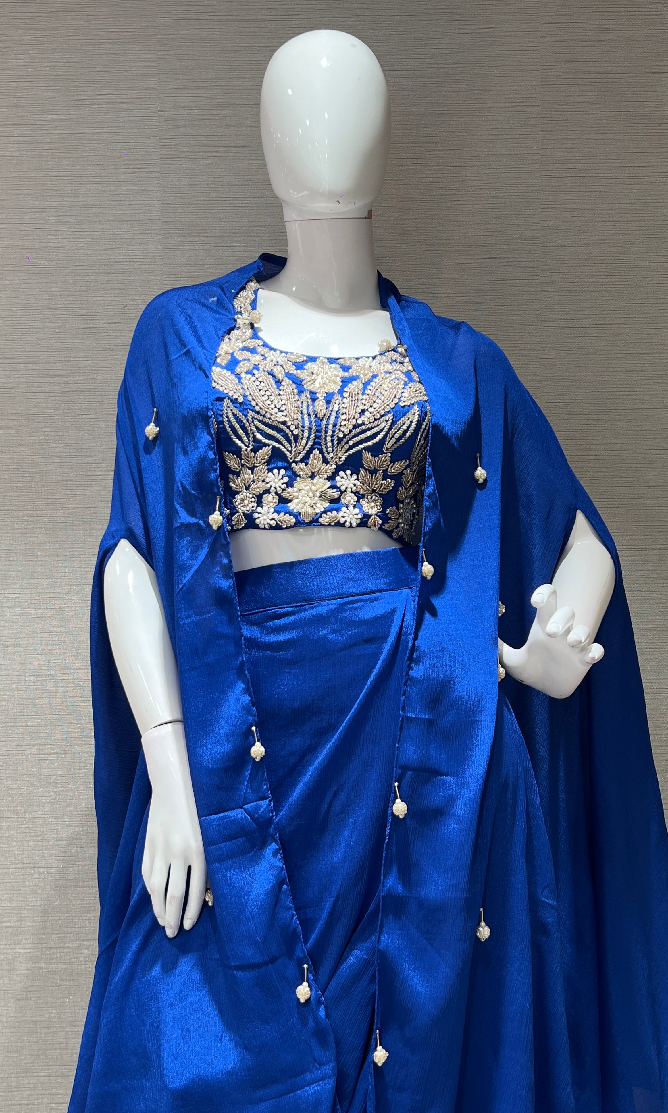 blue EMBROIDERED BLOUSE WITH draped skirt & CAPE