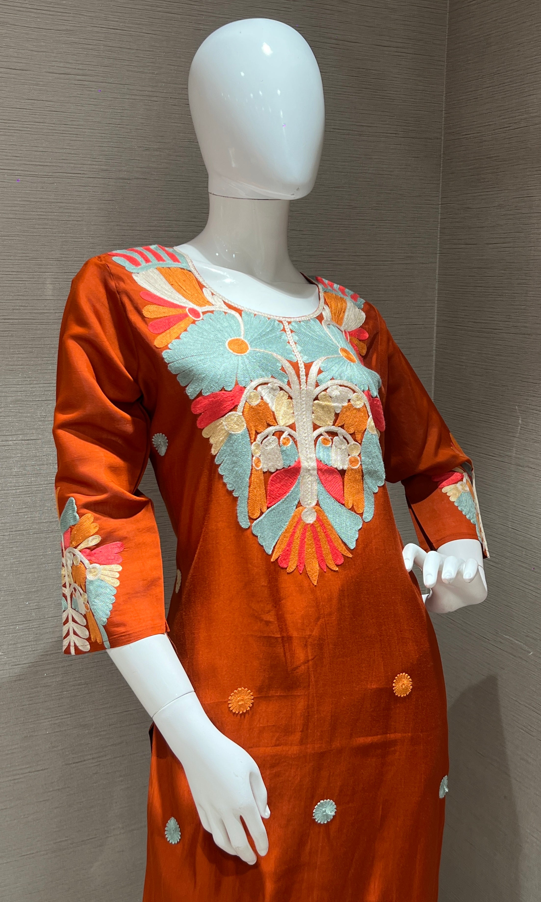 Rust orange embroidered kurta set