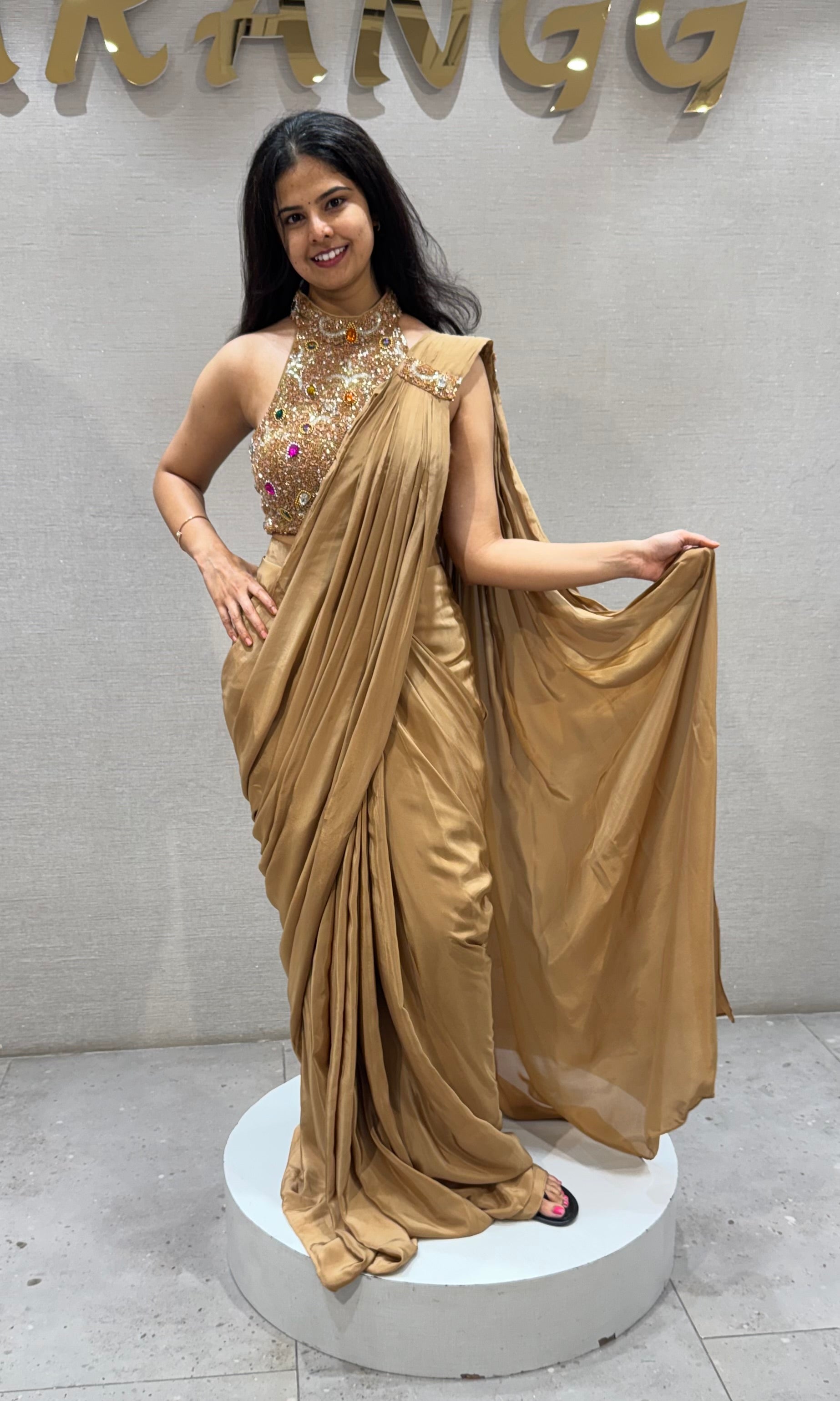 Gold Silk Saree with Floral Embellished Stone Blouse