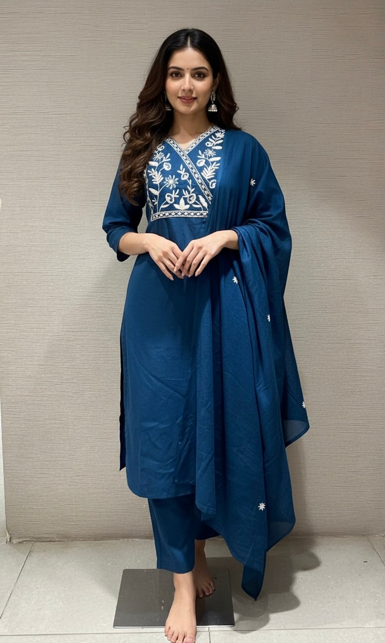 NAVY BLUE FLORAL THREAD EMBROIDERY kurta set