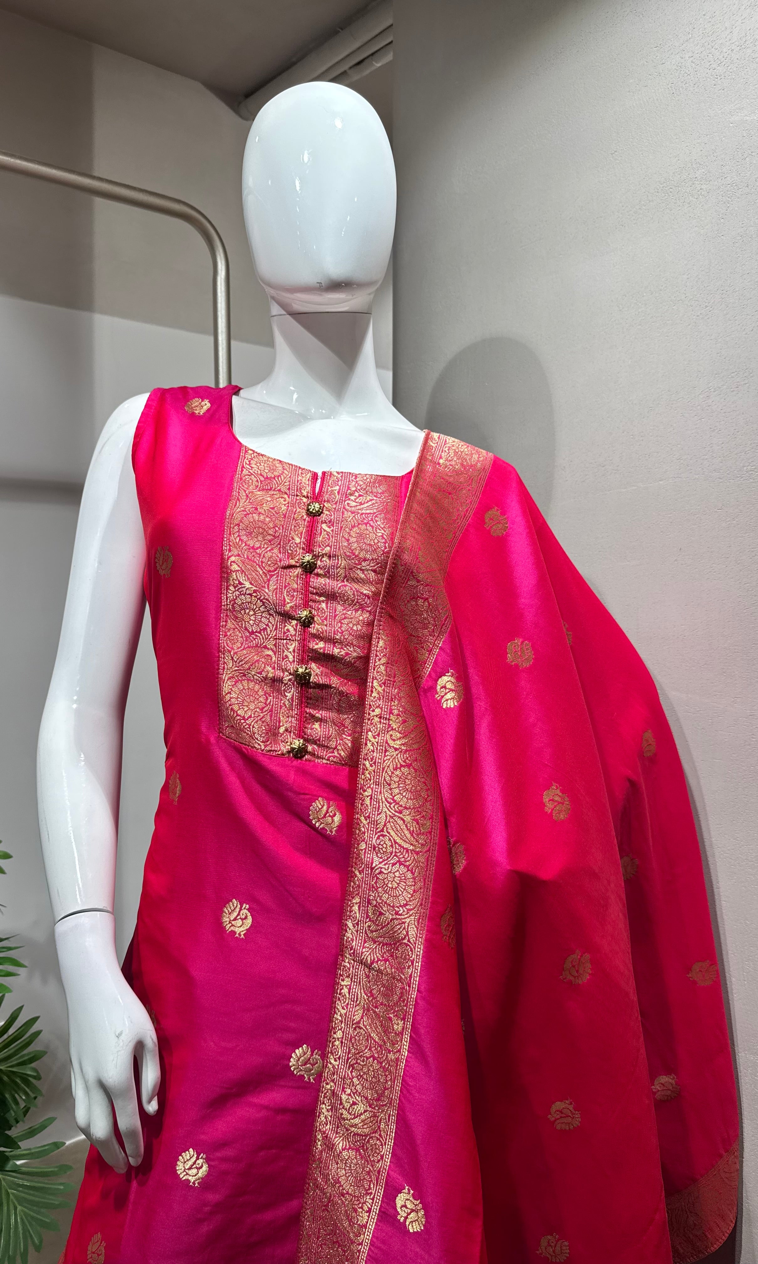 Rani Pink Banarasi Silk Kurta Set