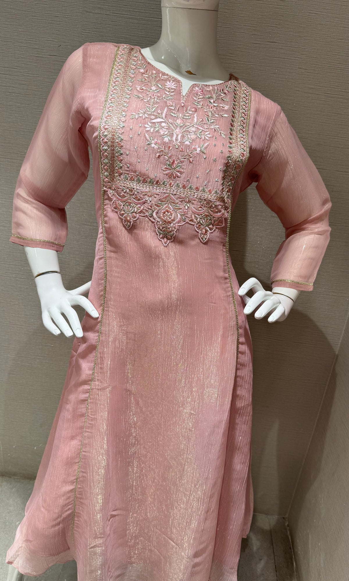 Onion Pink A Line Kurta top with Silver Embroidery