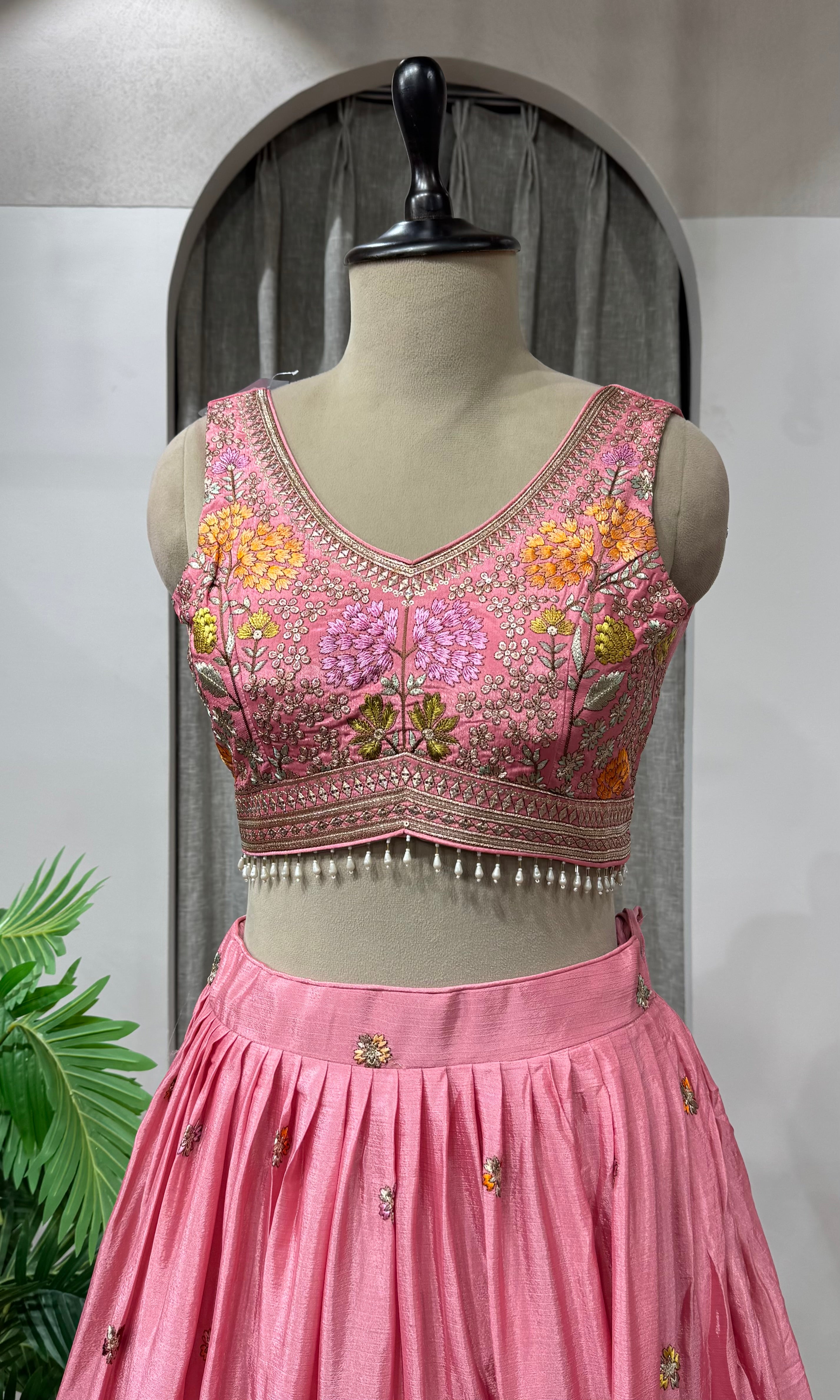Pink Organza Embroidered Bridal Lehenga