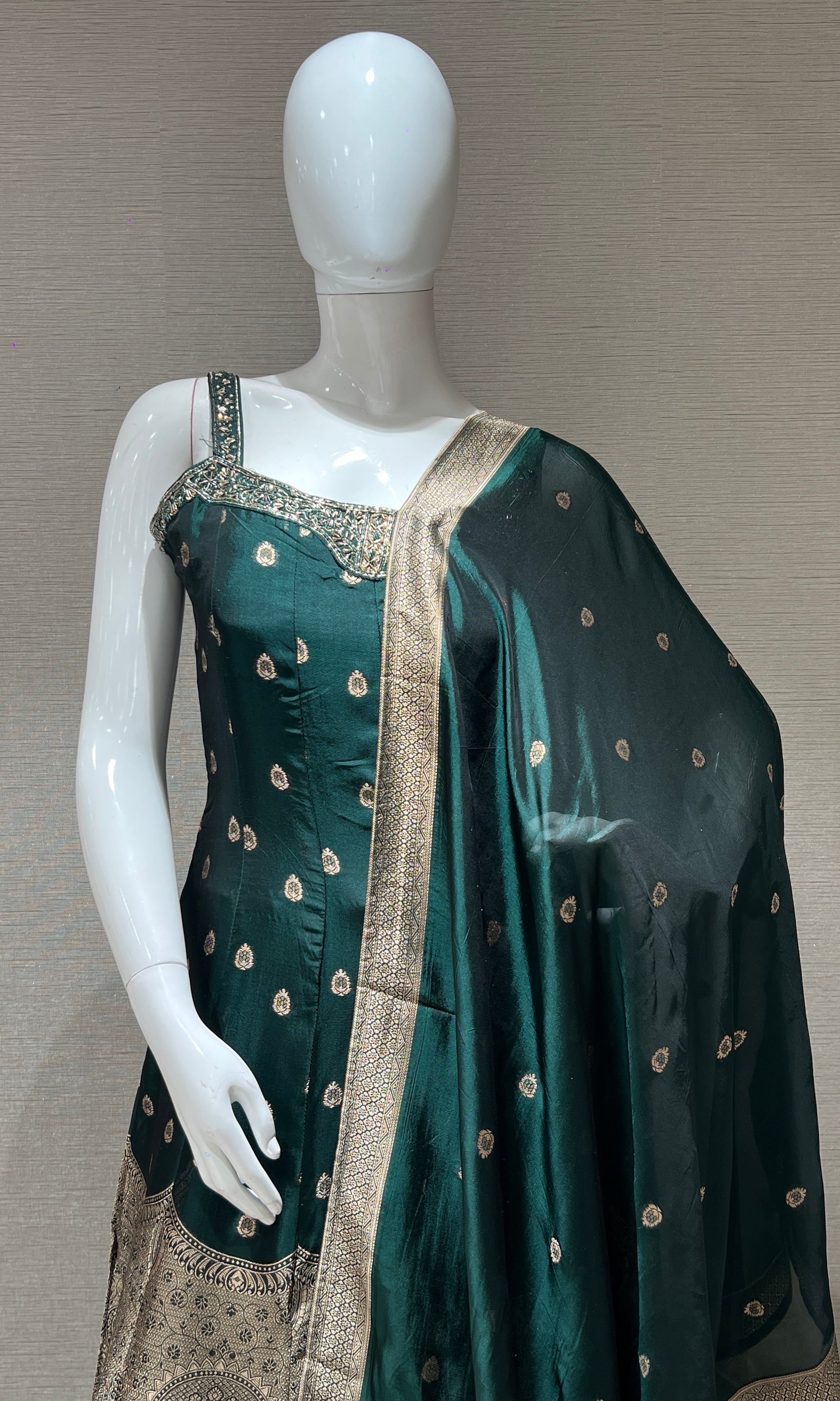 green and gold silk anarkali