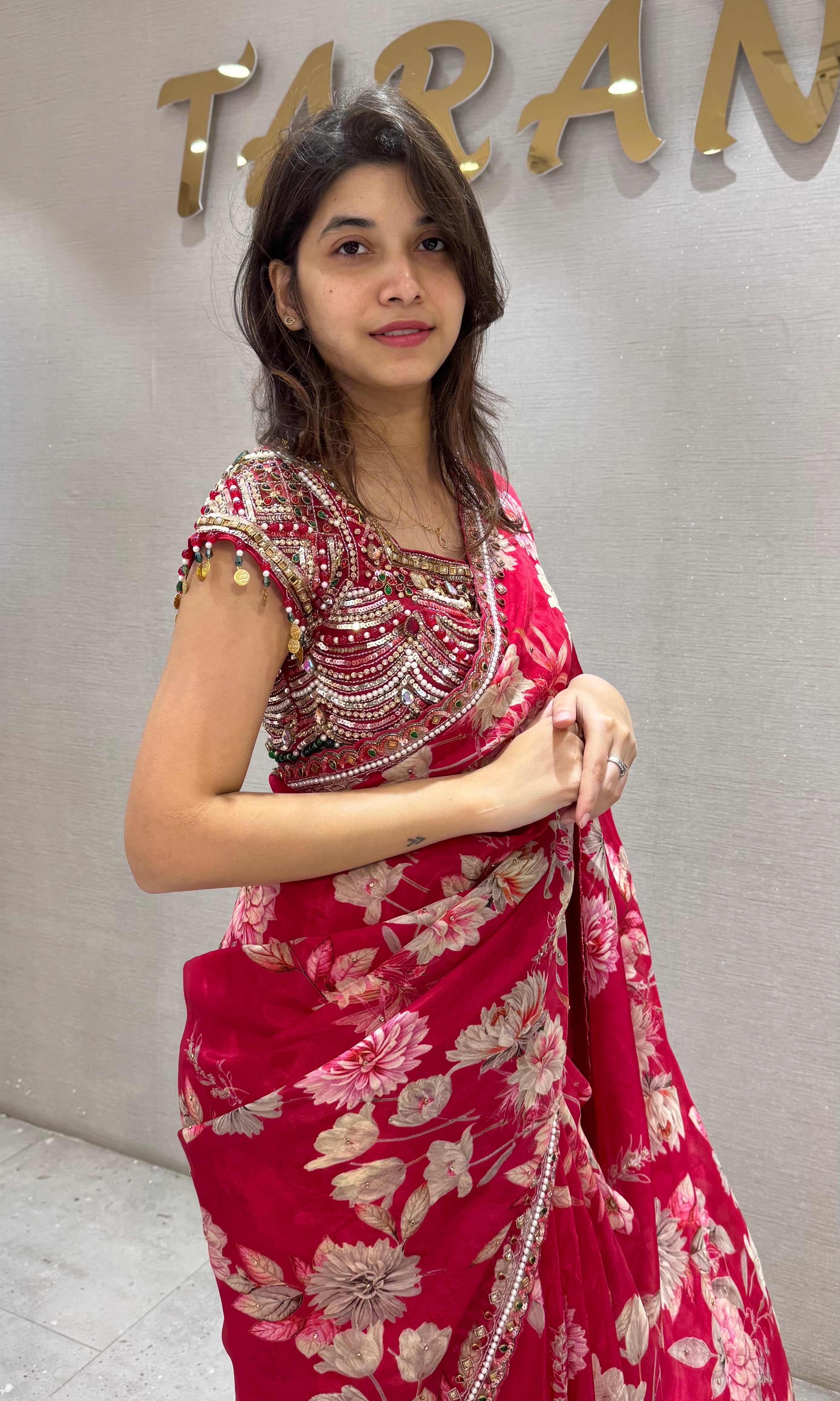 Rani Pink Crimson Bloom Georgette Saree