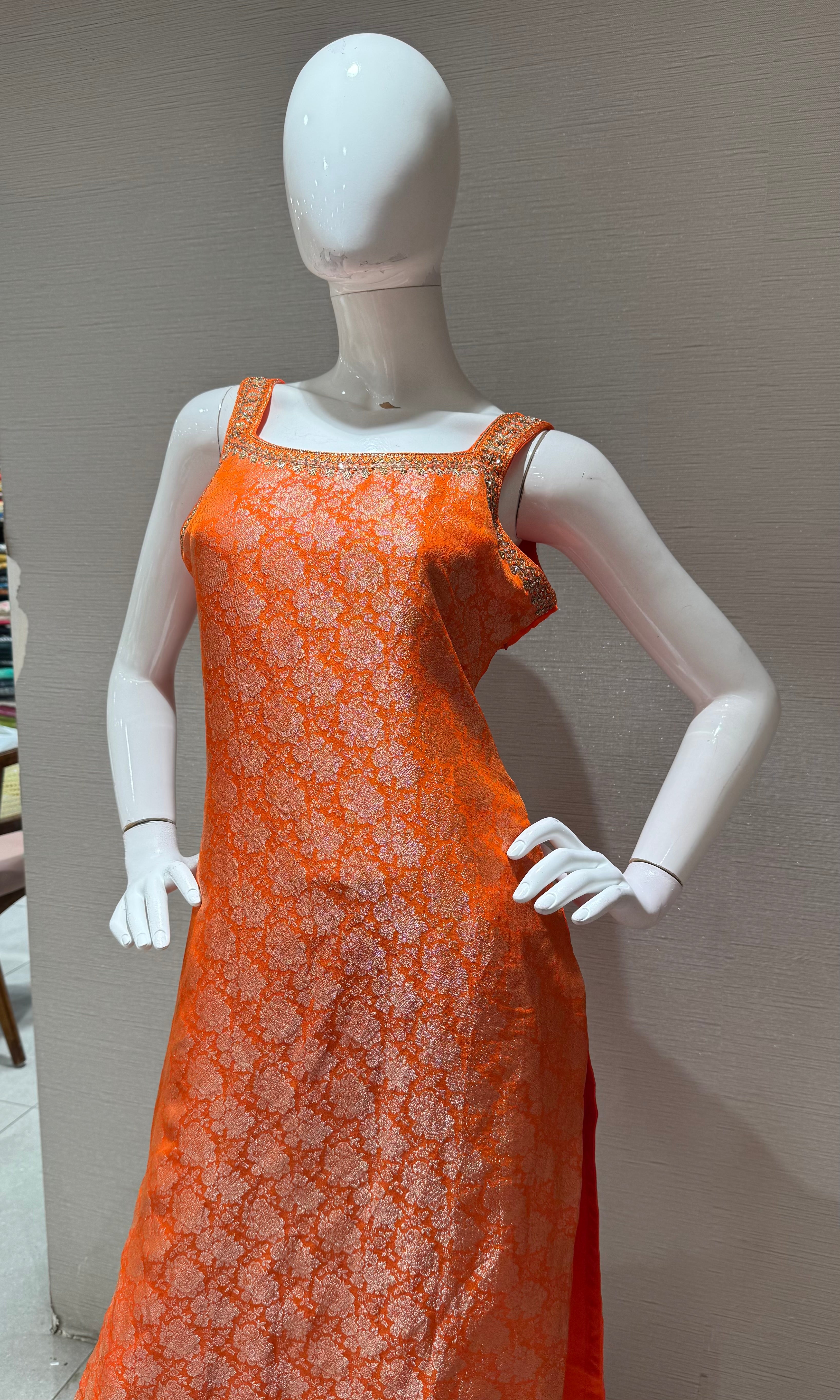 Orange banarasi silk kurta set with dupatta