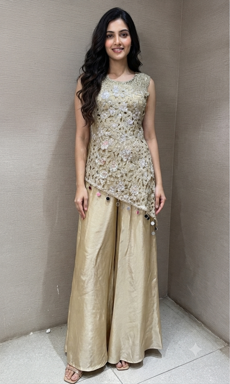 Champagne Gold Floral Ensemble Sharara set