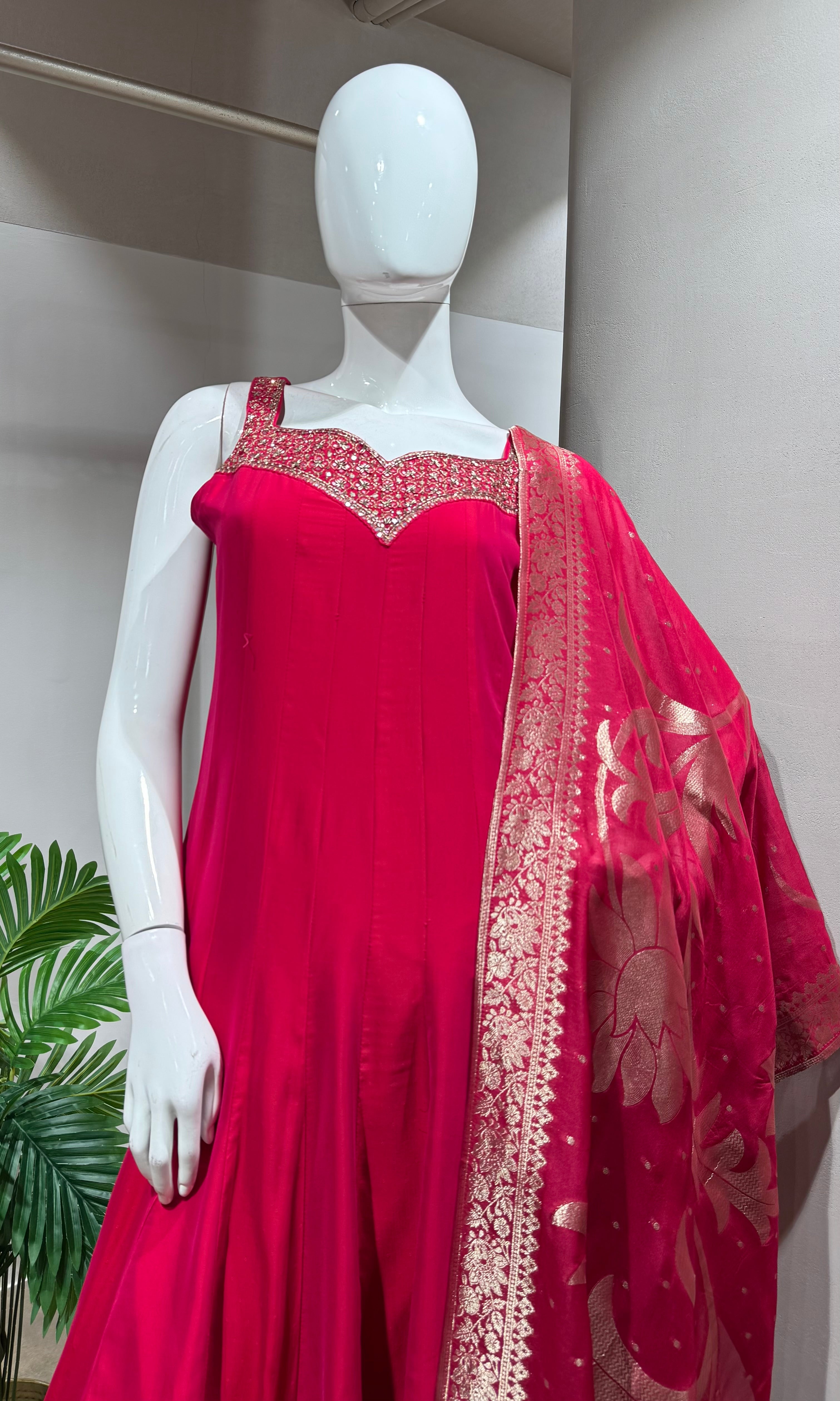 Rani Pink Anarkali SET with Zari Dupatta