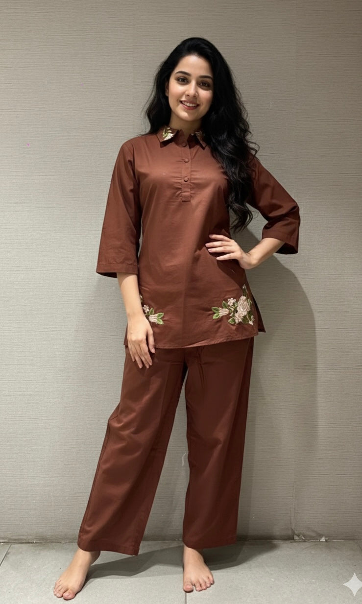 Brown FLORAL EMBROIDERED CORD SET
