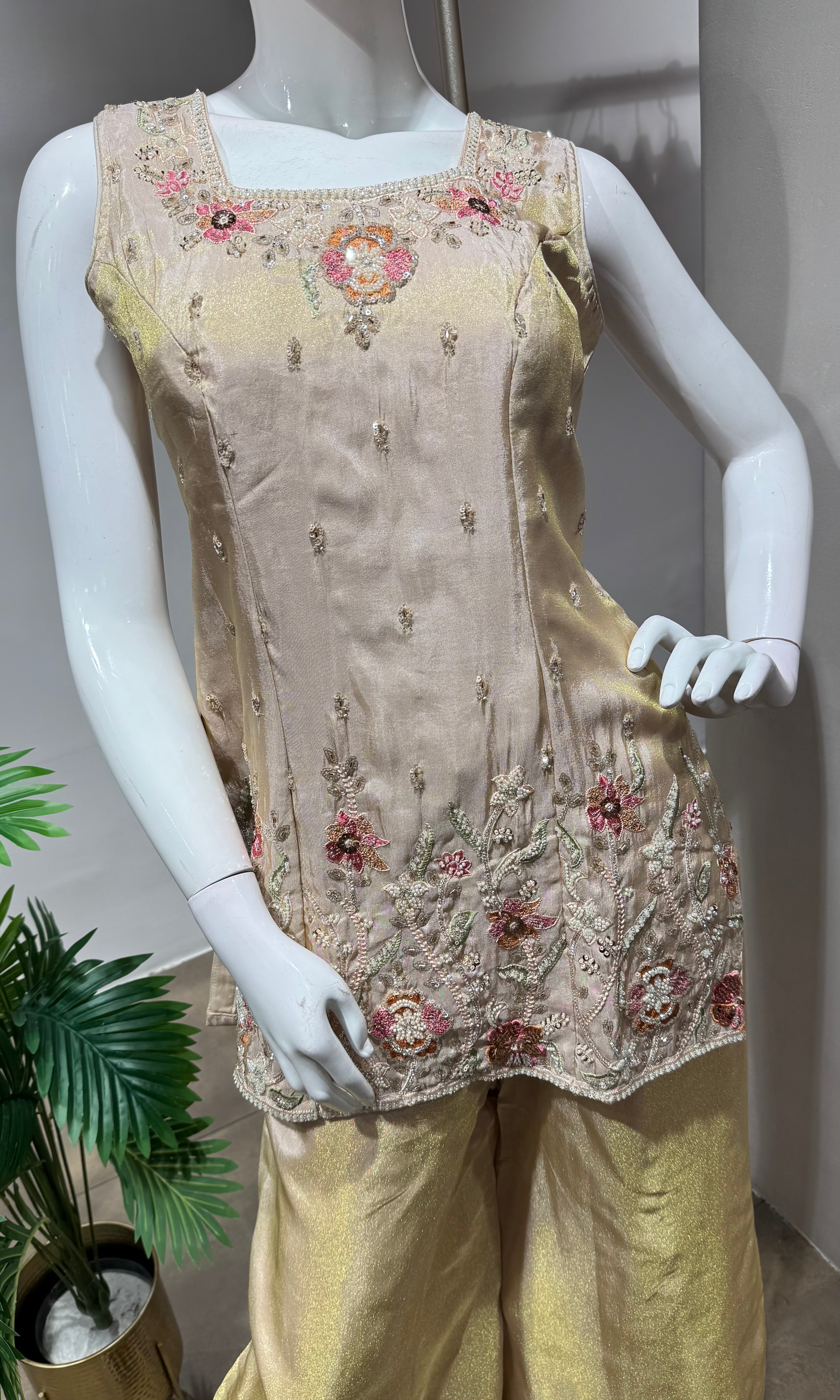 Peach shimmer gold tissue floral embroidery sharara