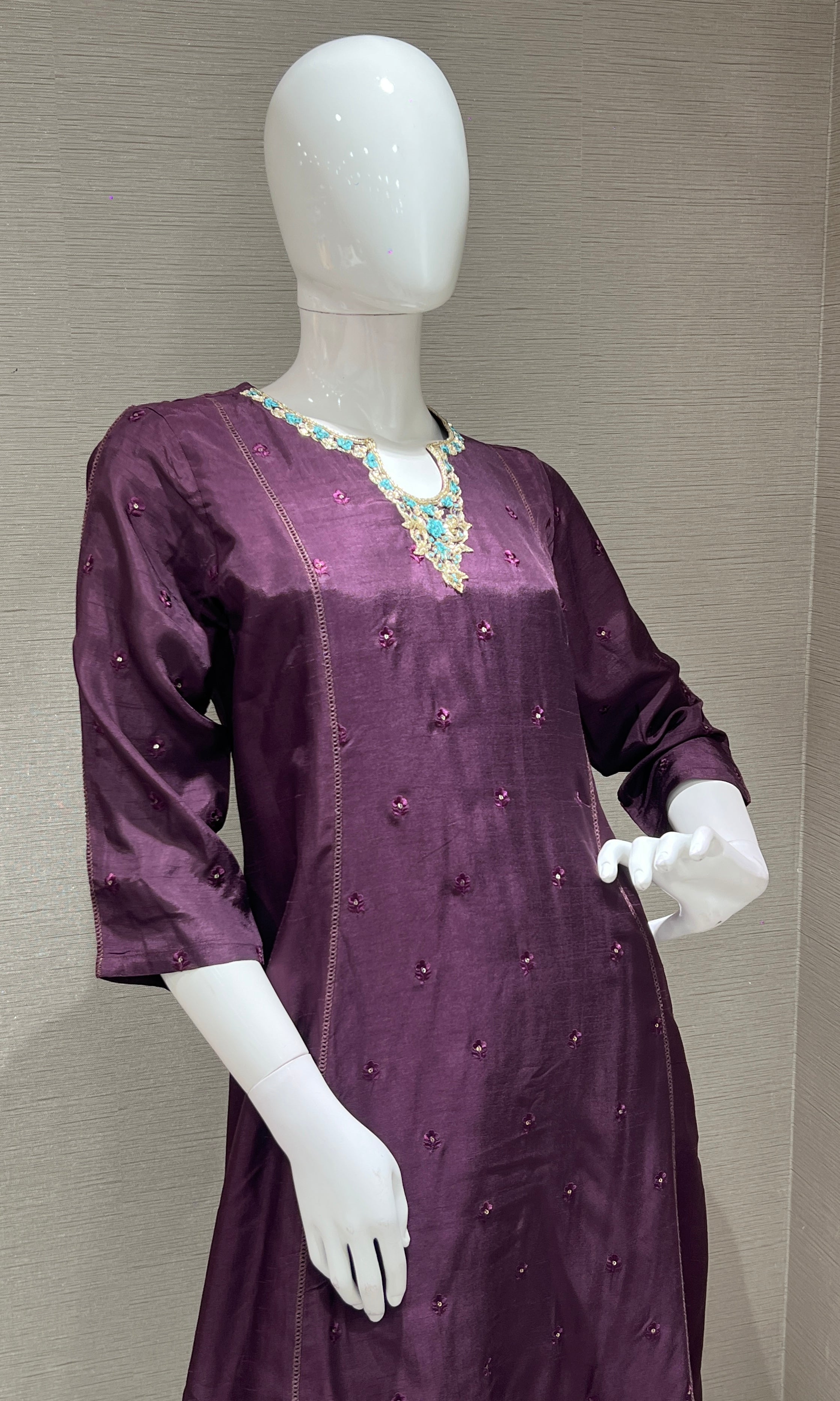 wine kurta set with floral printed dupatta