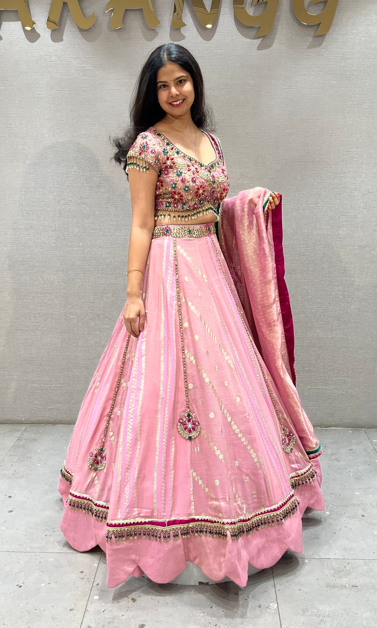 Pastel Pink Flared Lehenga Set with Heavily Embellished Blouse & dupatta