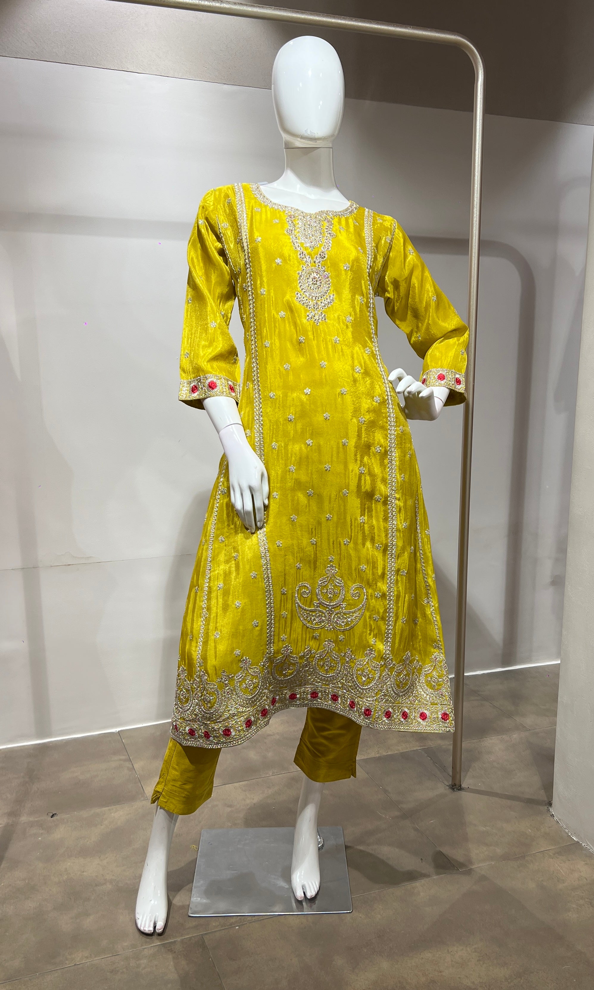 Yellow Silk Embroidered Kurta Suit with Dupatta