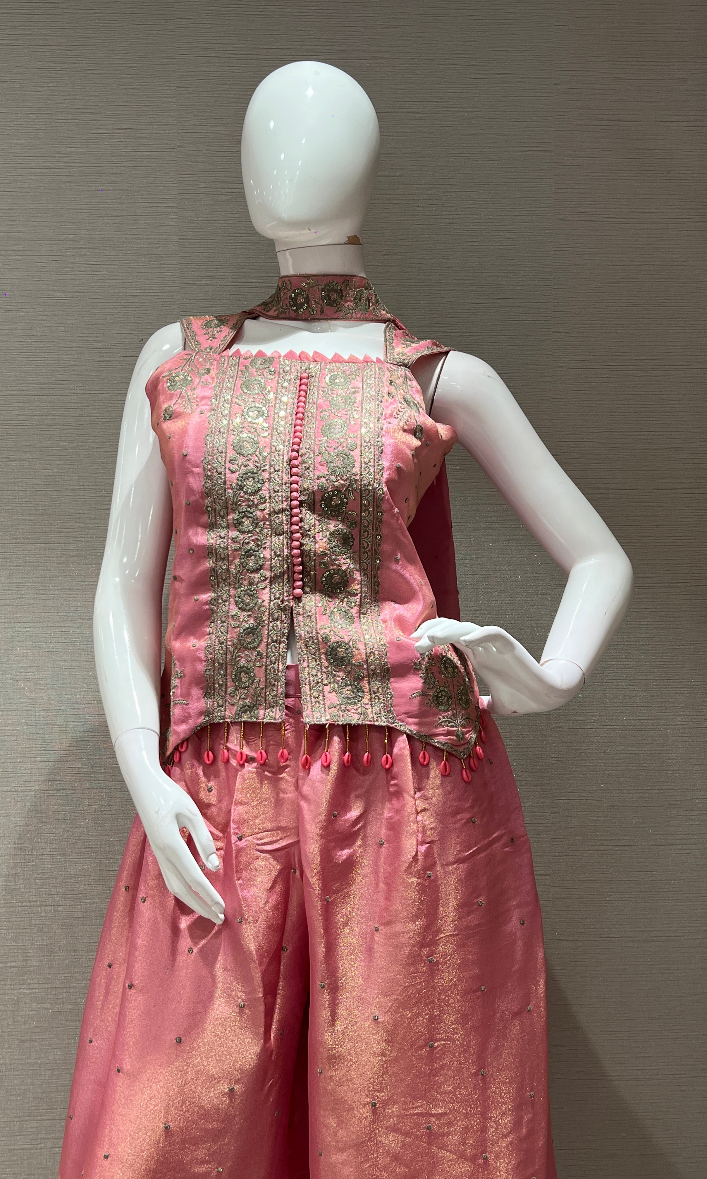 Pink shimmer tissue short blouse Palazzo set