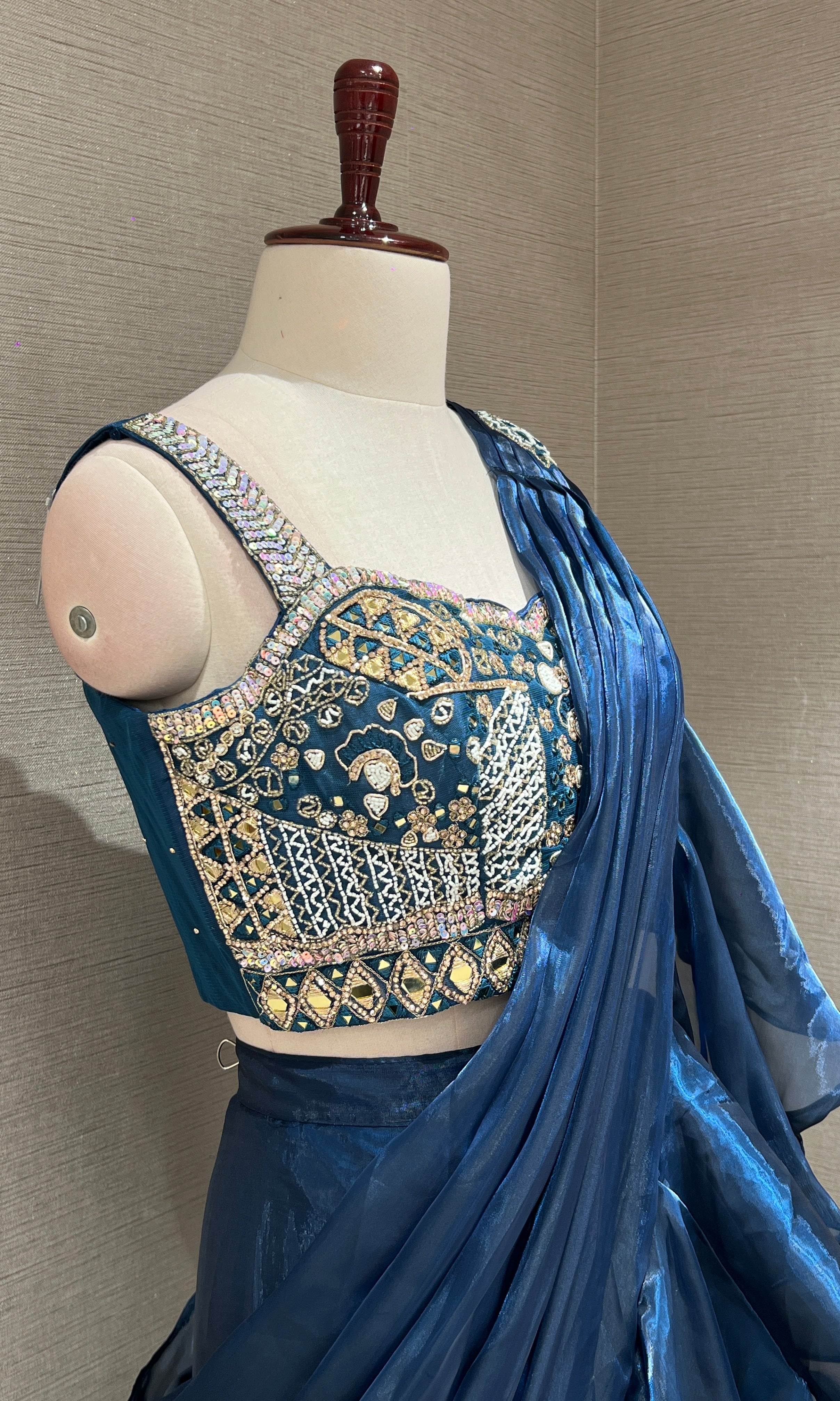 metallic blue drape saree with ruffles