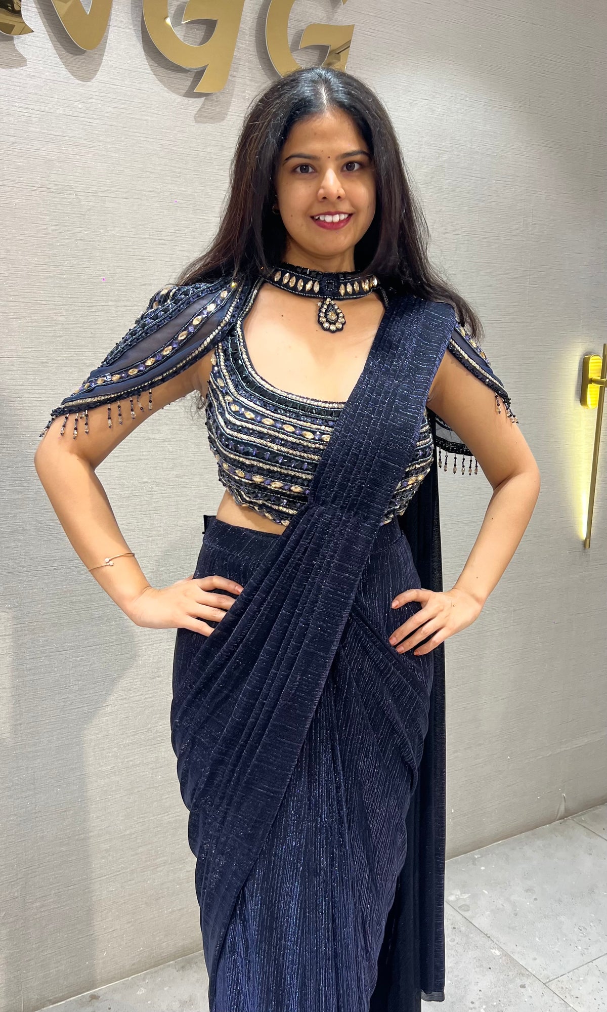 Blue Shimmer Drape Saree with Embroidered Blouse