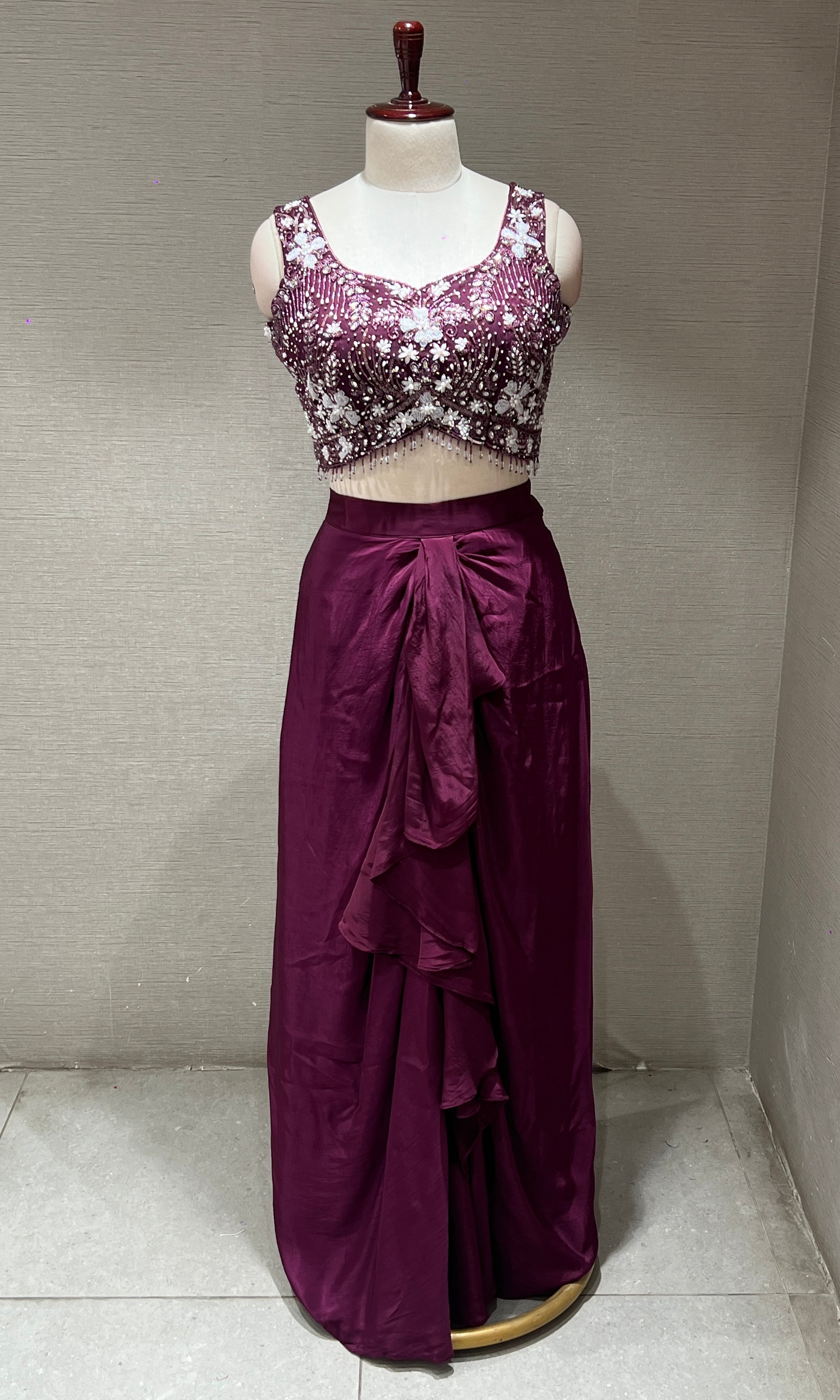 Wine Crystal Sequin BLOUSE with Ruffle Drape Skirt