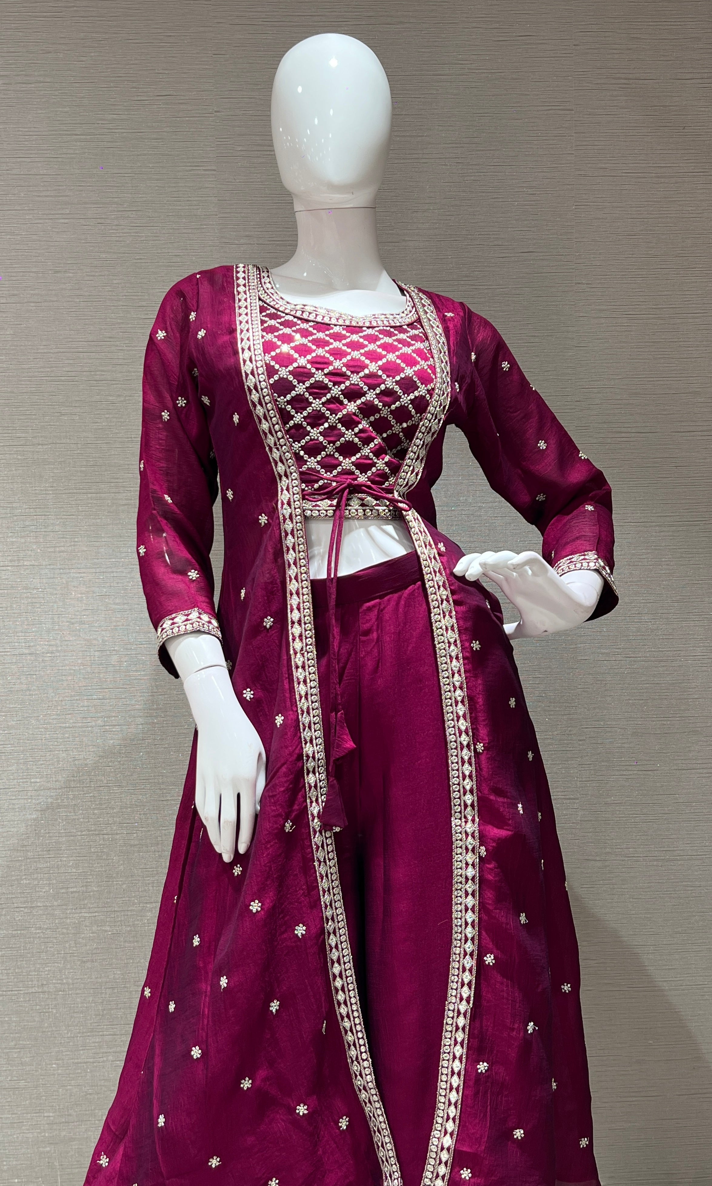 WINE EMBROIDERED JACKET STYLE PALAZZO