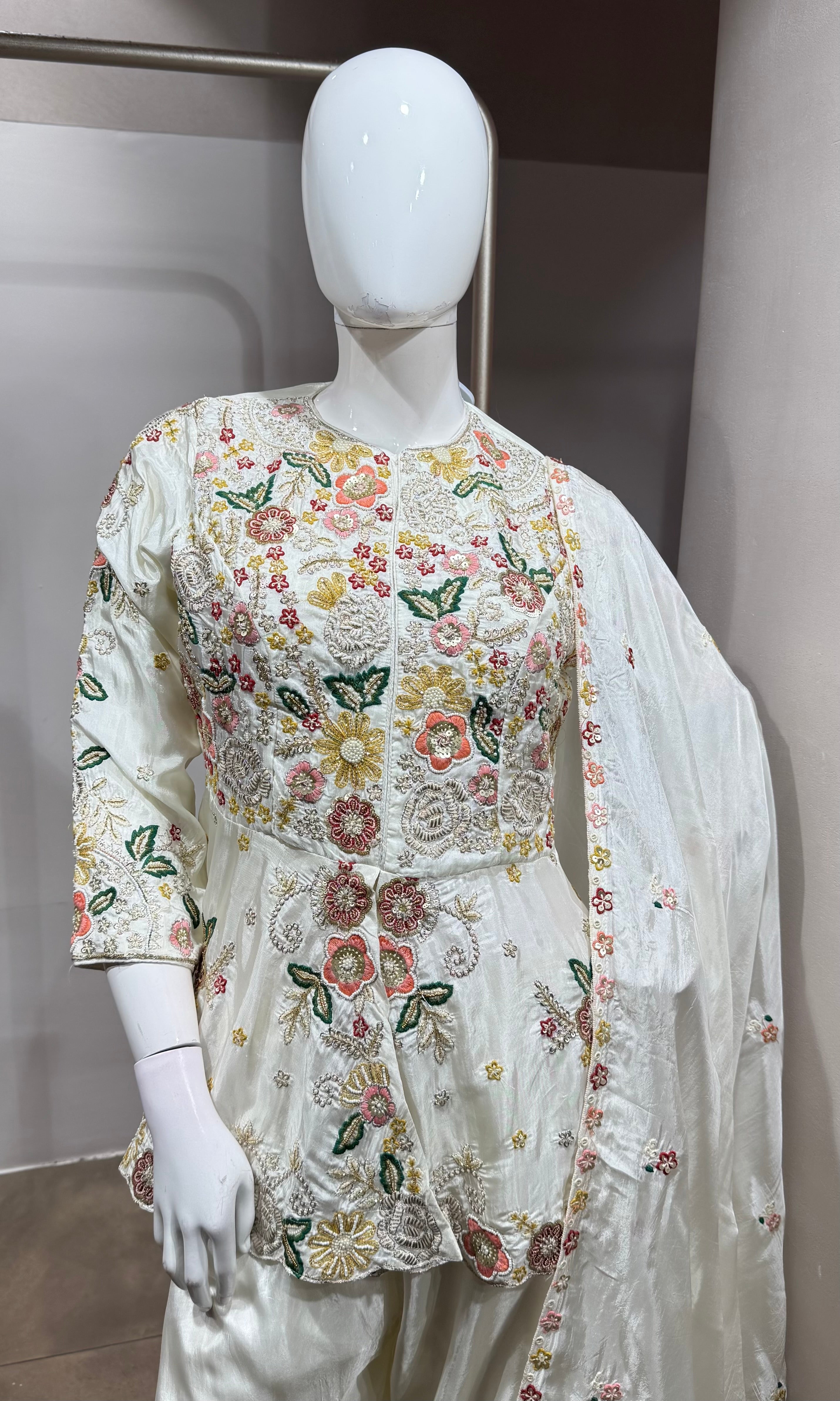 White Georgette Multi-Color Floral Embroidered Palazzo