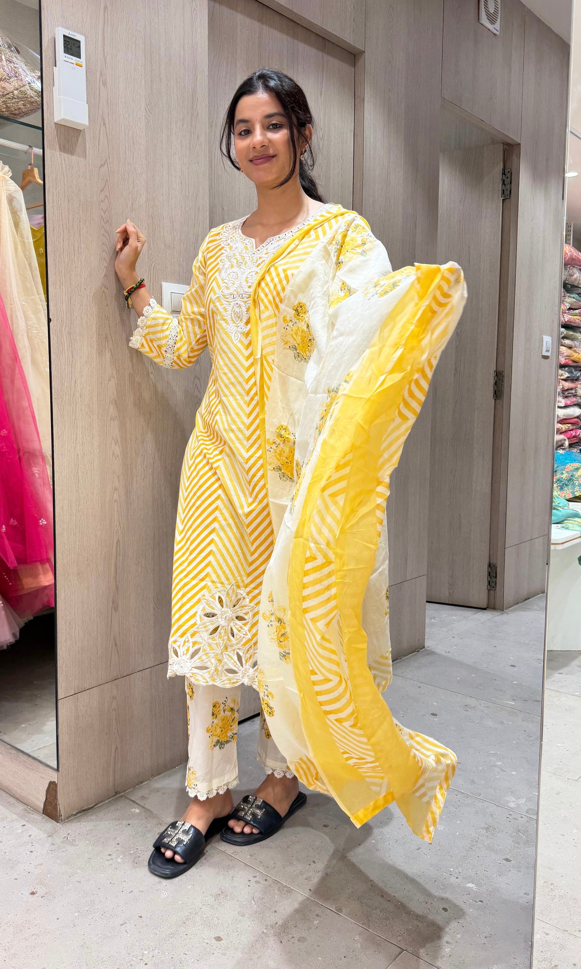 Yellow FLORAL STRIPED PRINTED kurta set