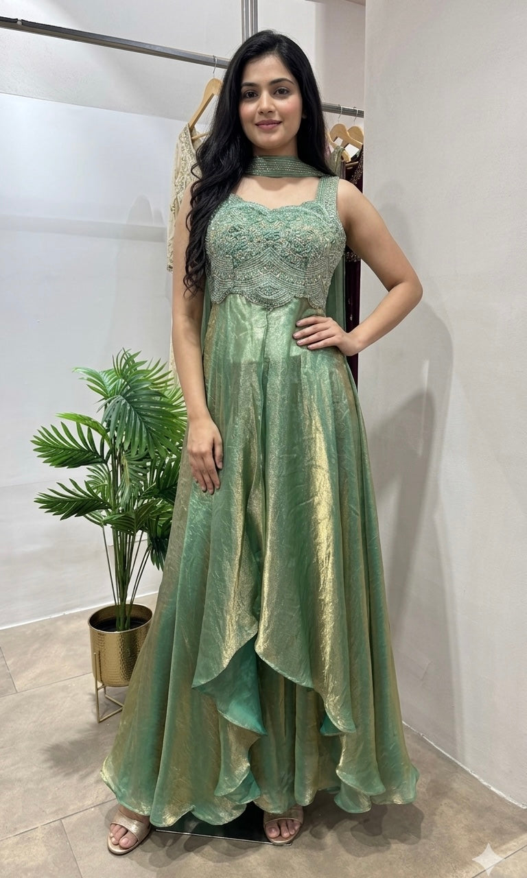 Green embroidered anarkali set
