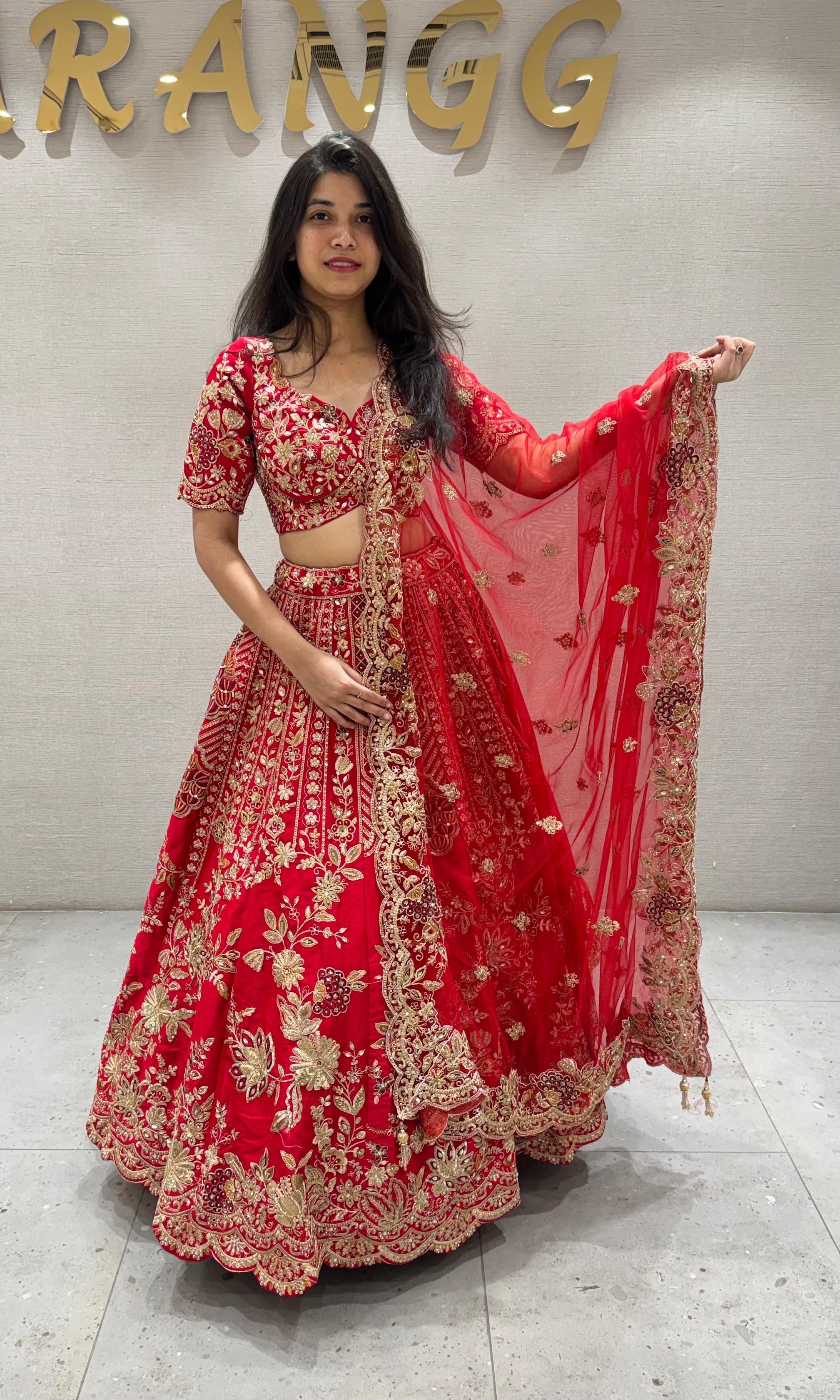 Red GOLDEN FLORAL EMBROIDERED lehenga