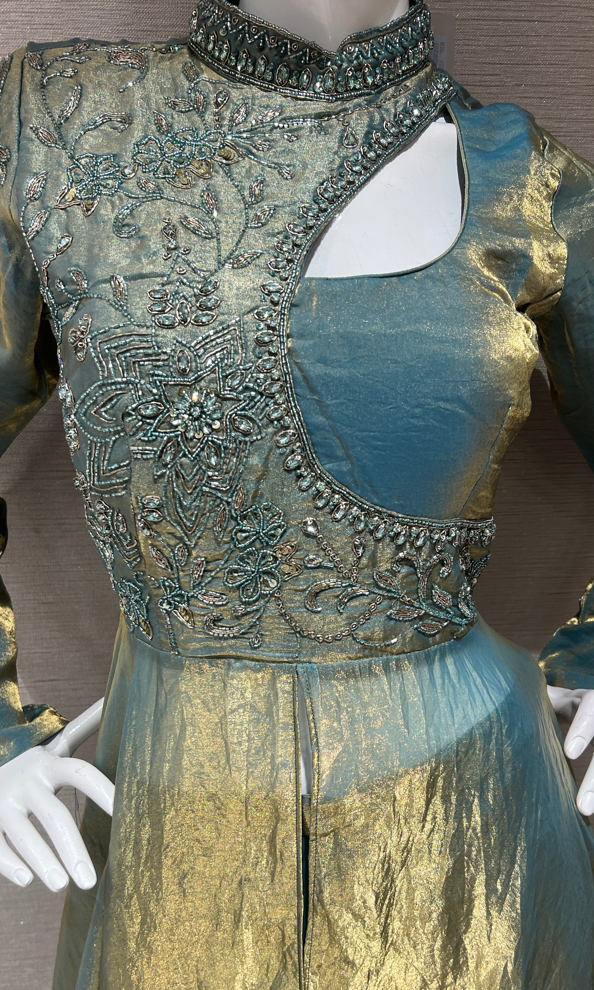 Metallic Blue with Gold Embroidered Anarkali palazzo set