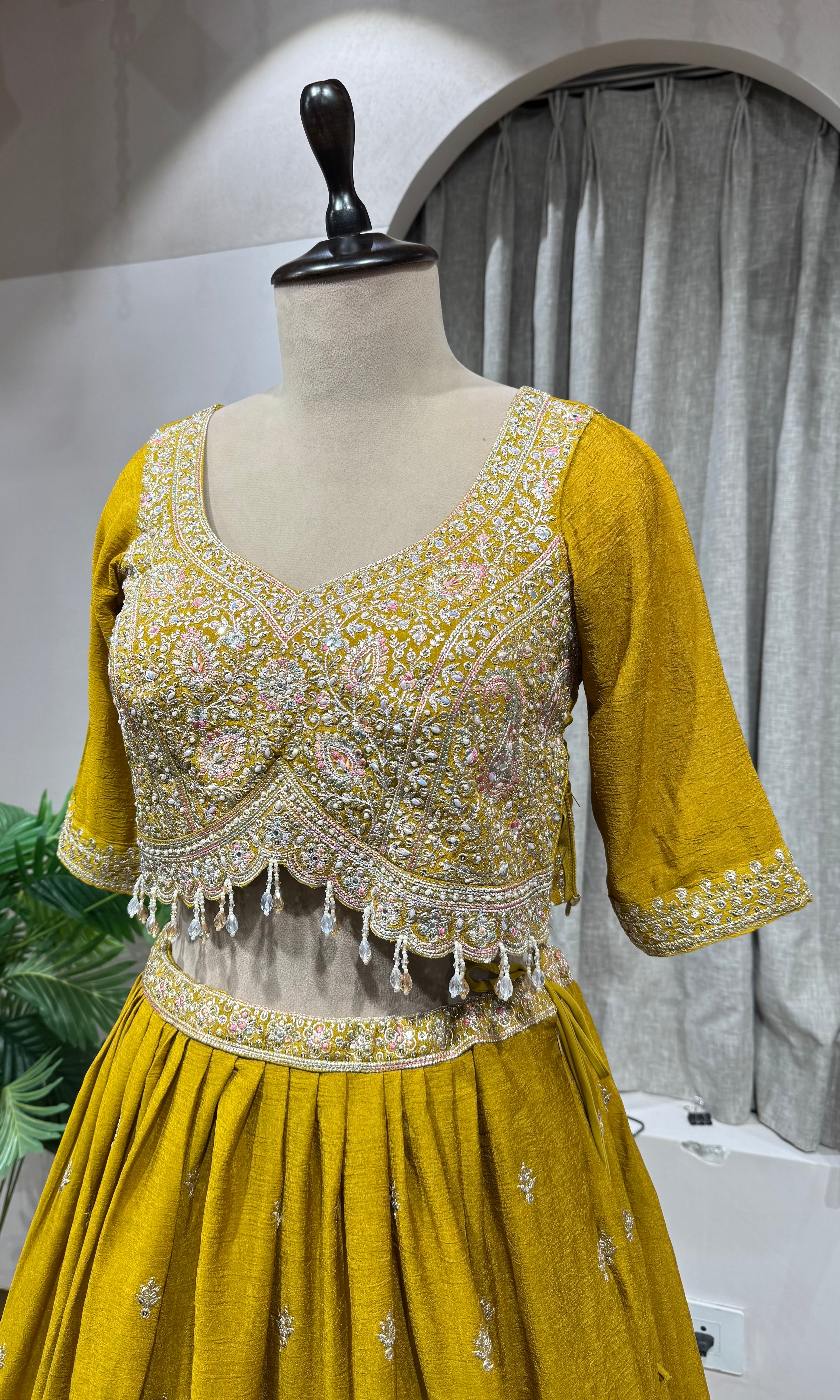 Mustard Flared Lehenga Choli with Border Embroidery