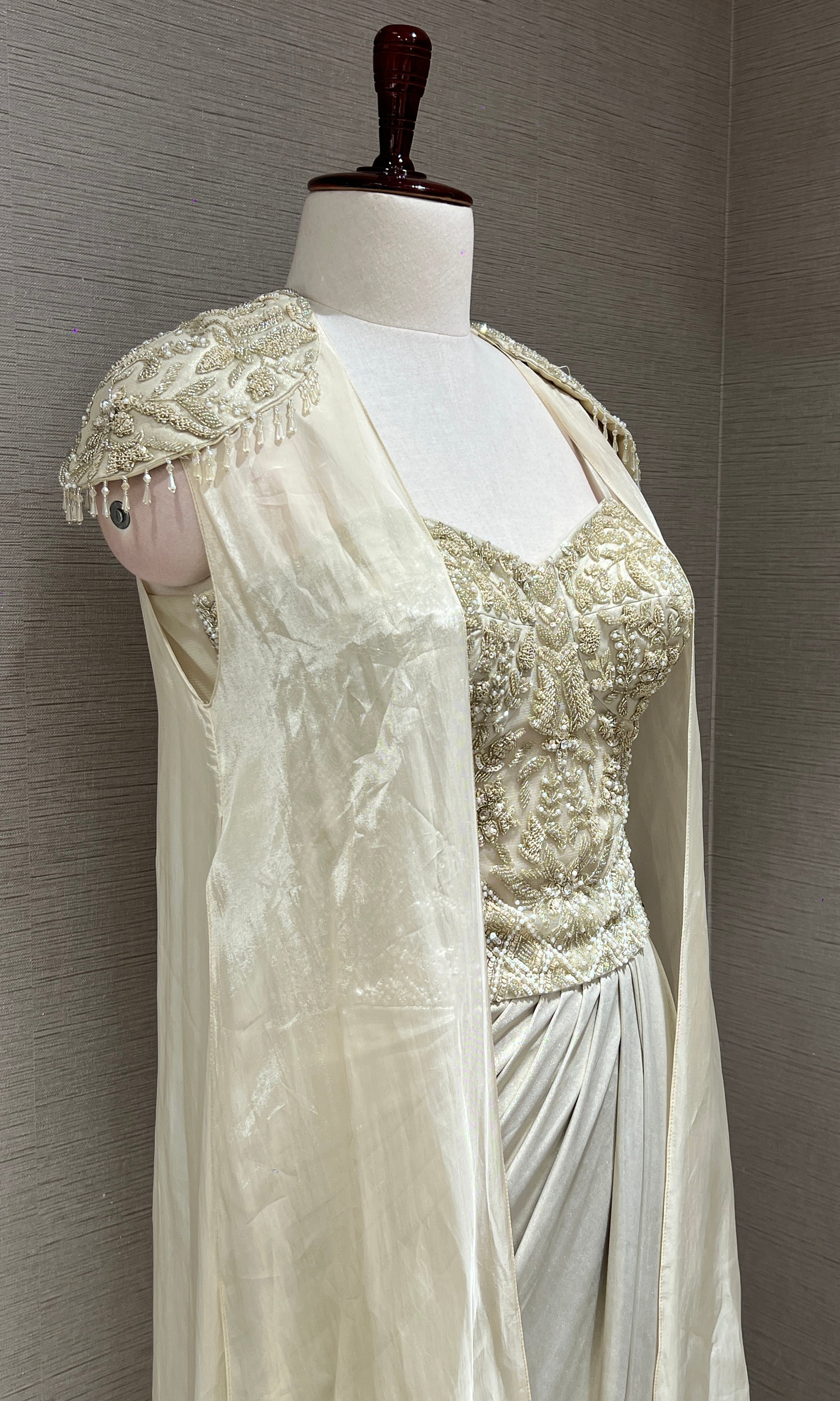 Ivory cape skirt With Sequin and Pearl Blouse