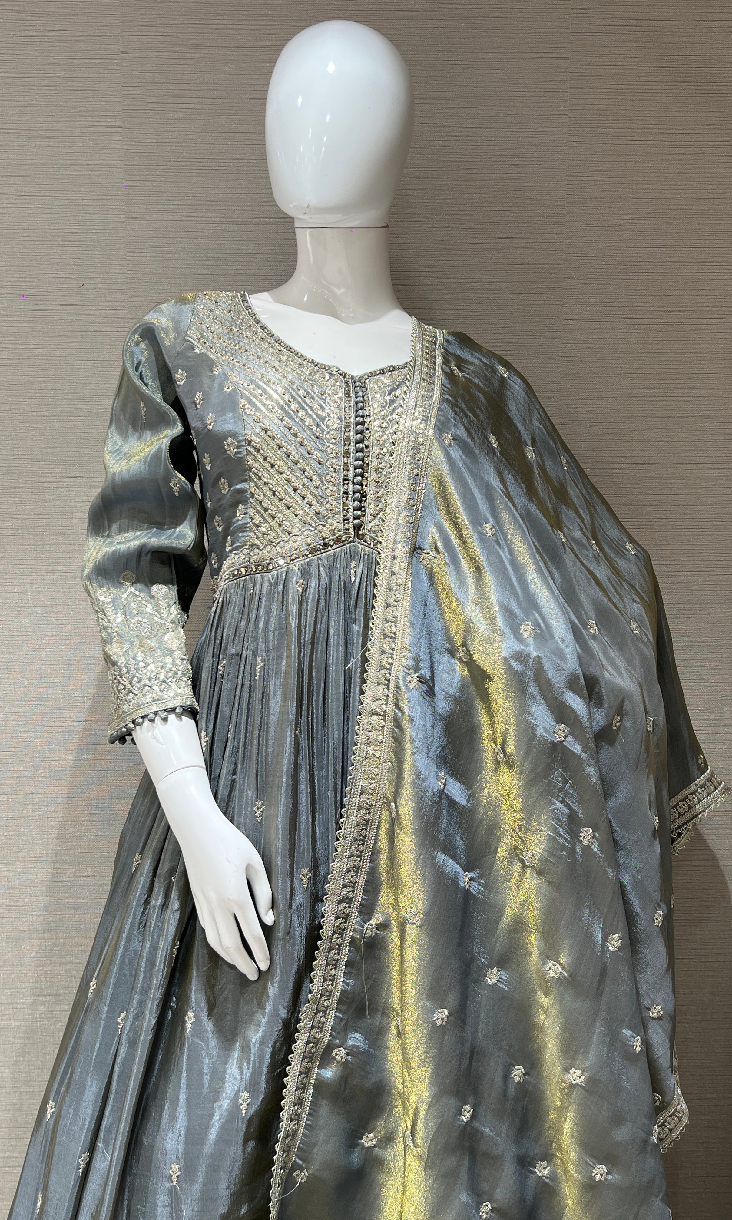 Grey long anarkali with stone embroidered