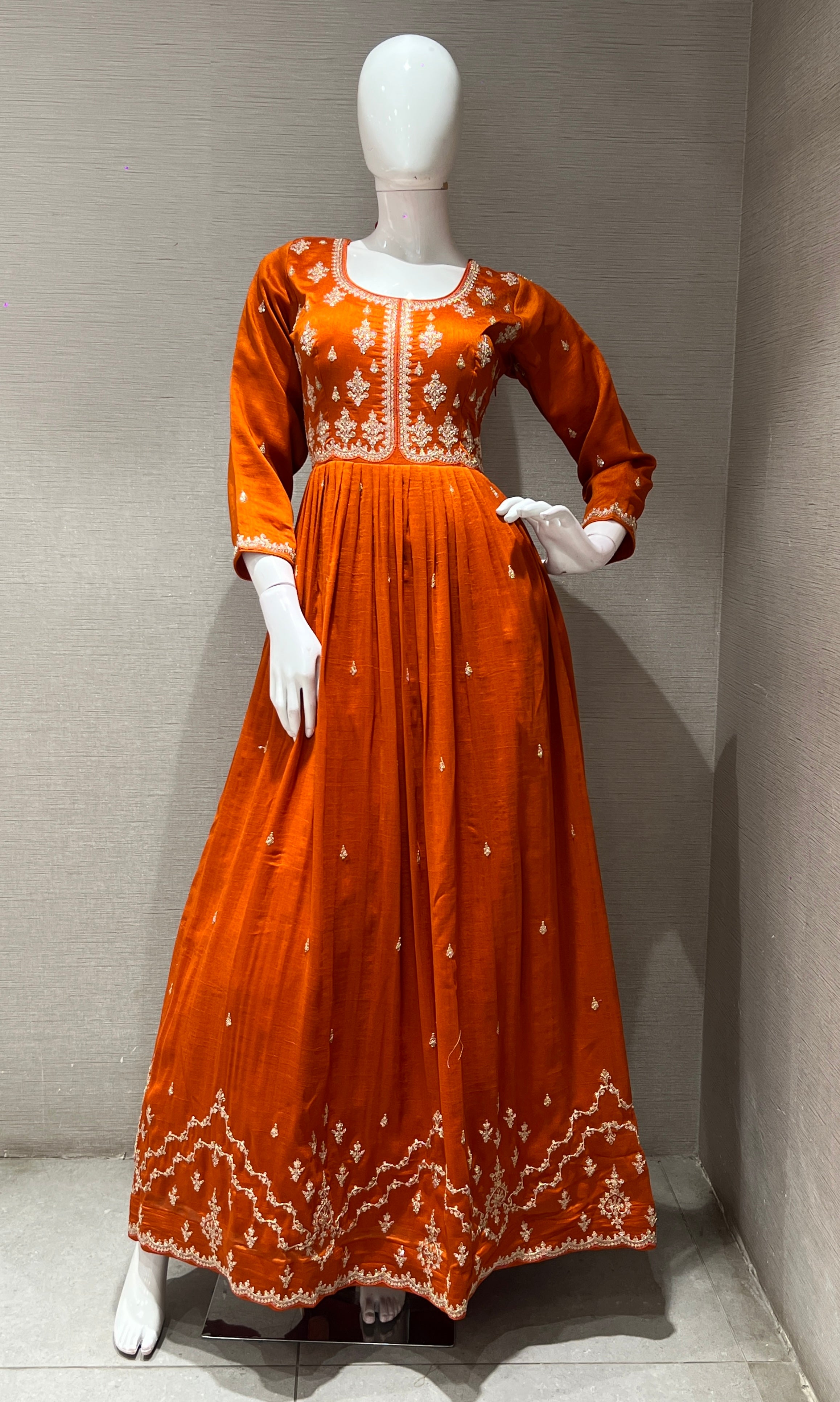 Rust EMBROIDERED LONG ANARKALI DRESS