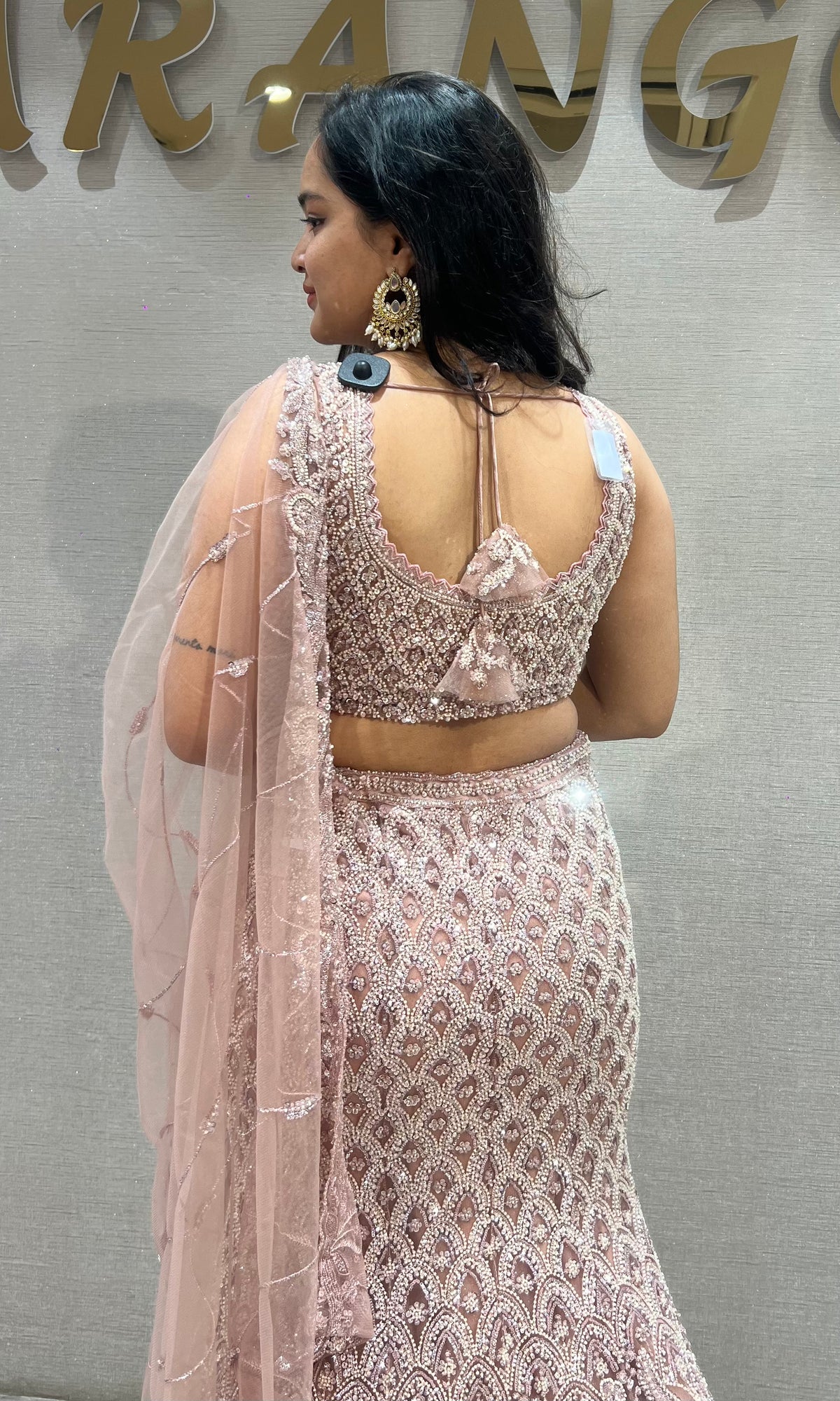 Onion Pink Embroidered fish cut Lehenga with Sheer Dupatta